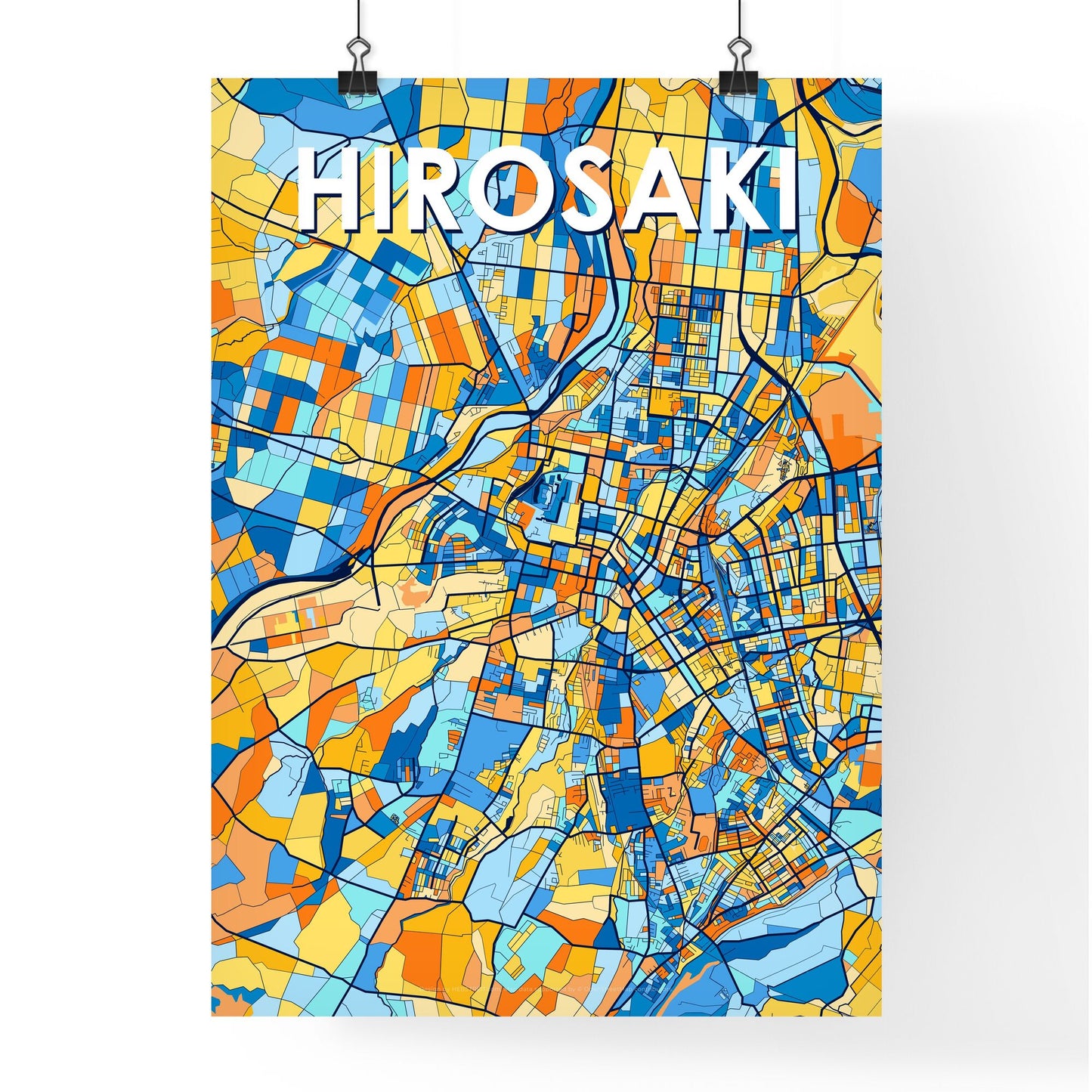 HIROSAKI JAPAN Vibrant Colorful Art Map Poster Blue Orange