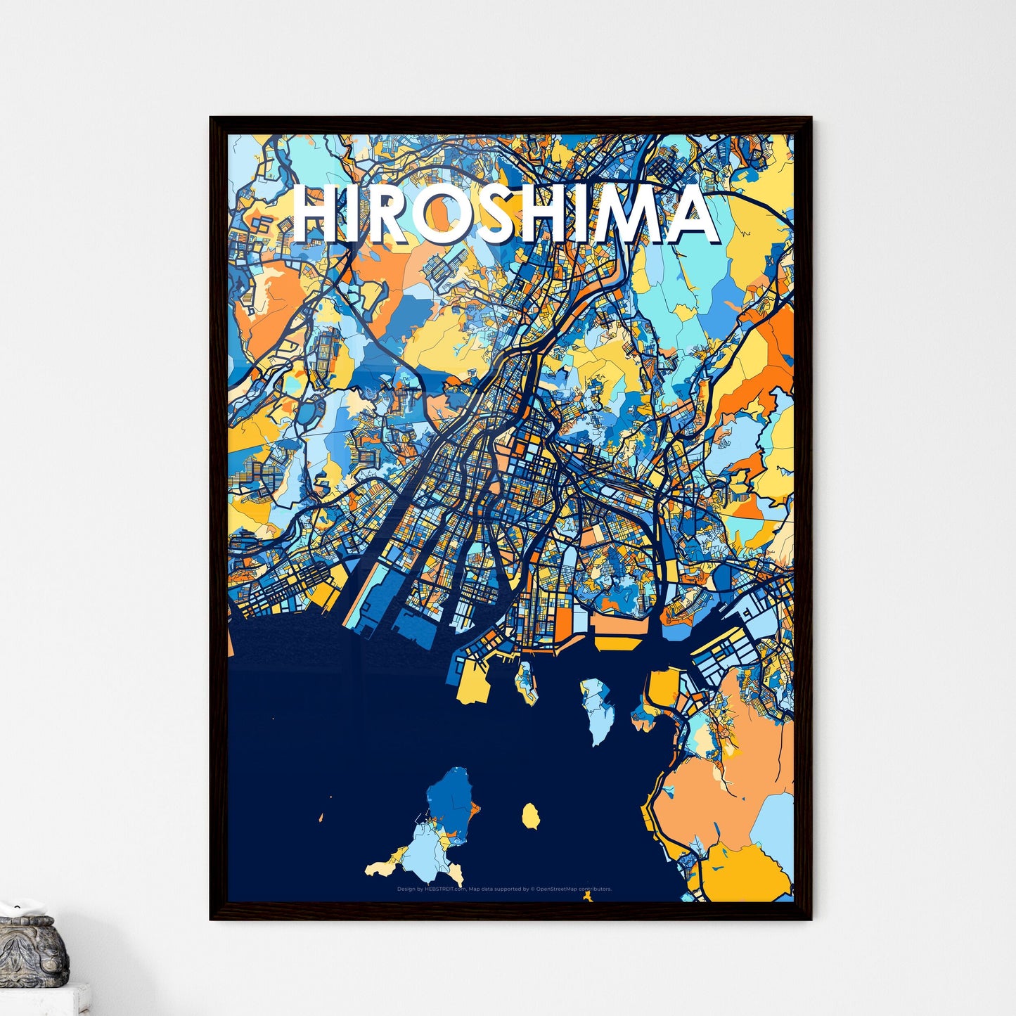 HIROSHIMA JAPAN Vibrant Colorful Art Map Poster Blue Orange