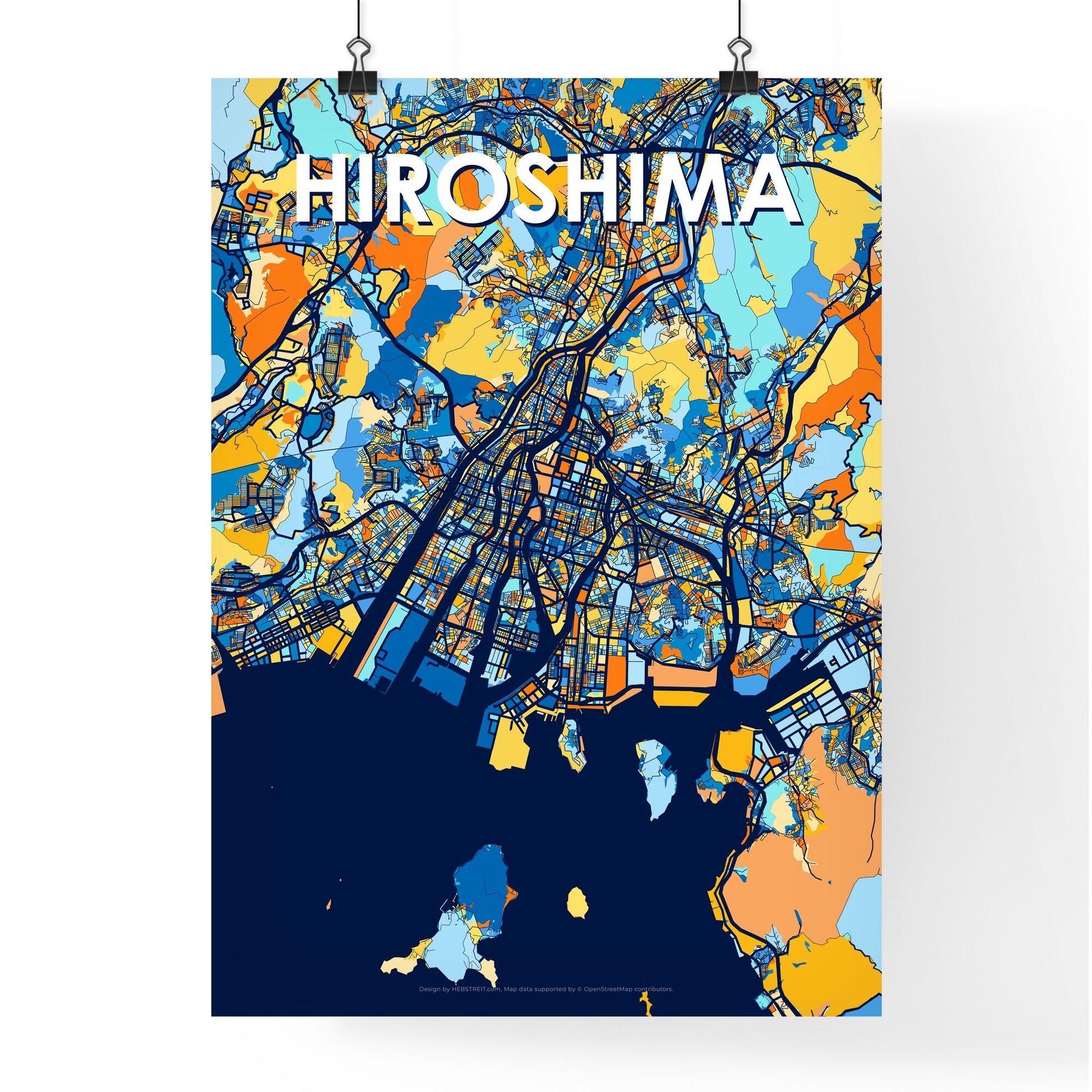 HIROSHIMA JAPAN Vibrant Colorful Art Map Poster Blue Orange