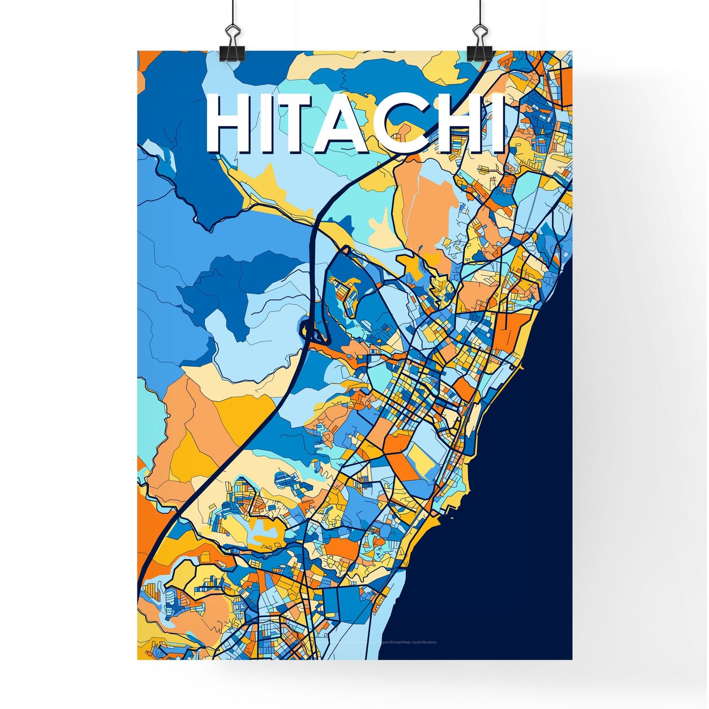 HITACHI JAPAN Vibrant Colorful Art Map Poster Blue Orange