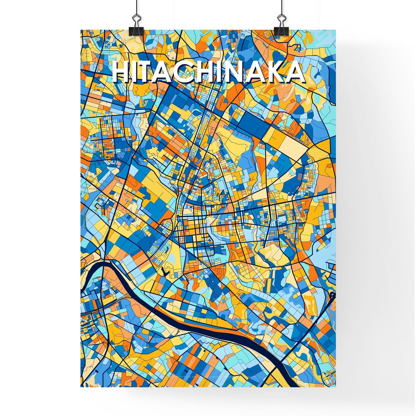 HITACHINAKA JAPAN Vibrant Colorful Art Map Poster Blue Orange