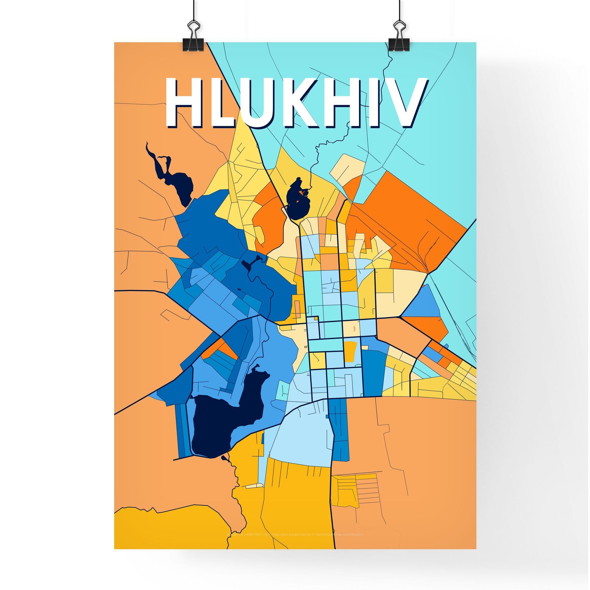 HLUKHIV UKRAINE Vibrant Colorful Art Map Poster Blue Orange