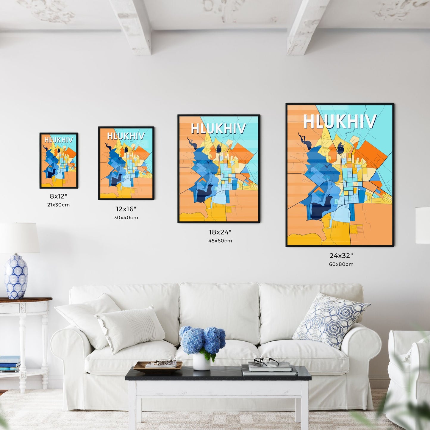 HLUKHIV UKRAINE Vibrant Colorful Art Map Poster Blue Orange