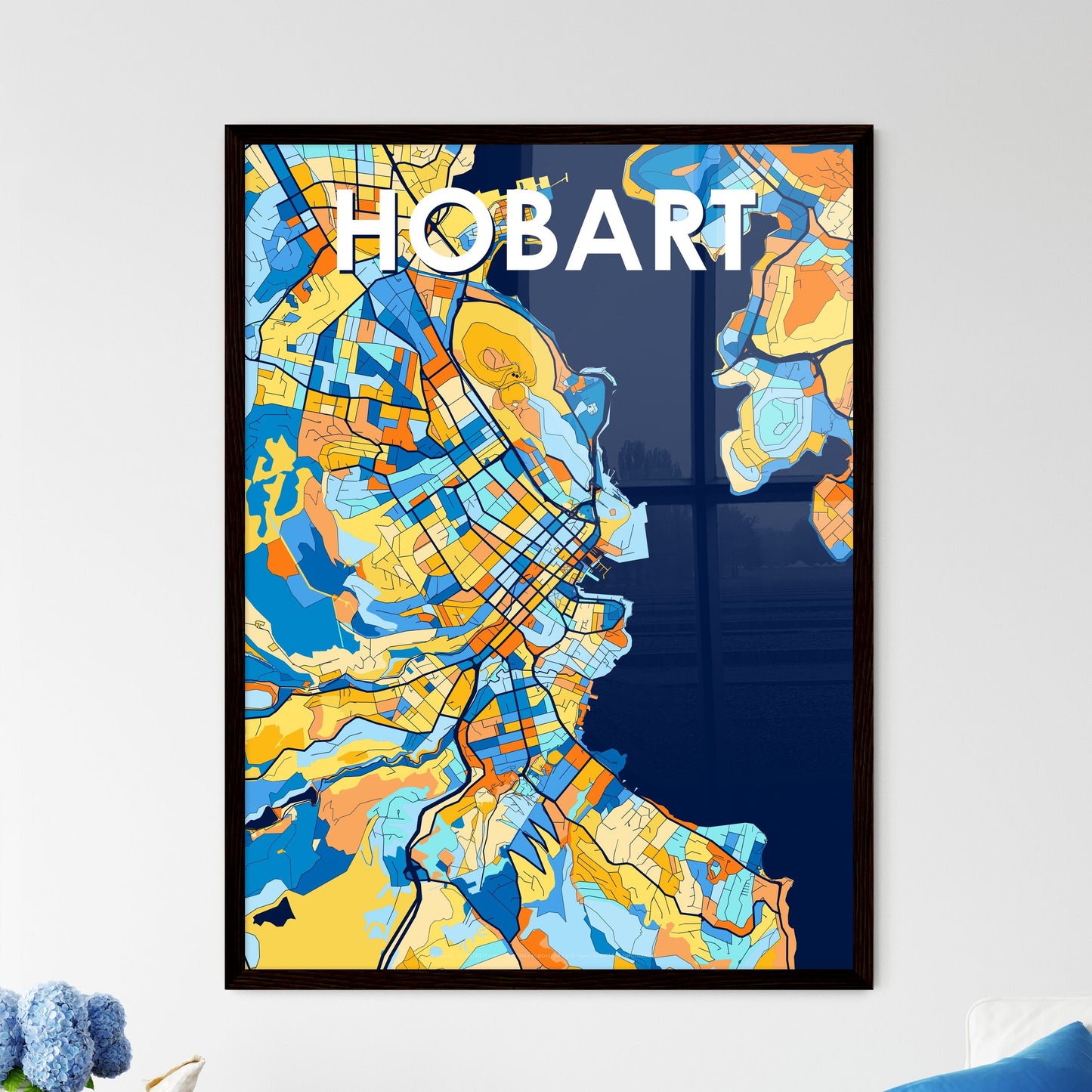 HOBART AUSTRALIA Vibrant Colorful Art Map Poster Blue Orange