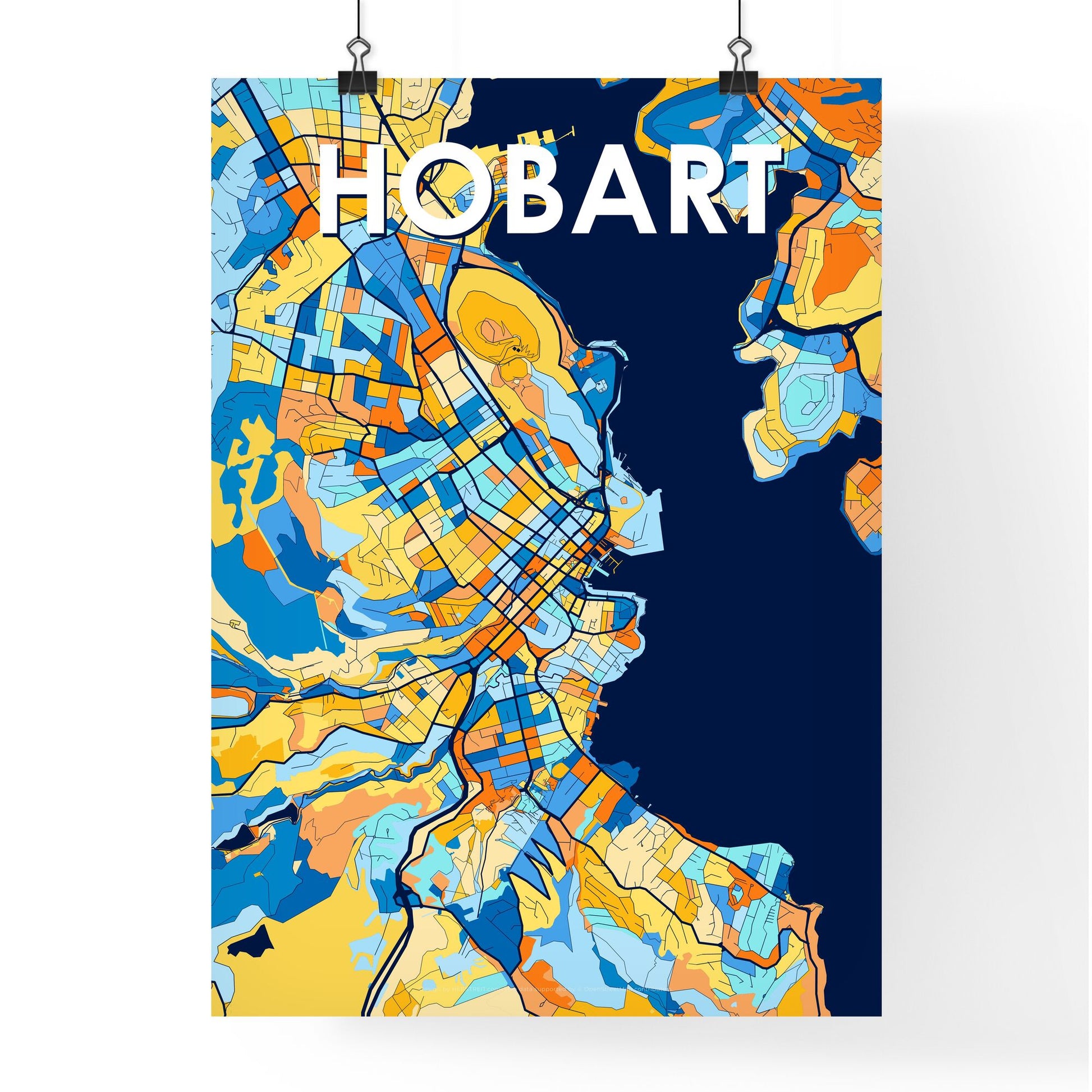 HOBART AUSTRALIA Vibrant Colorful Art Map Poster Blue Orange