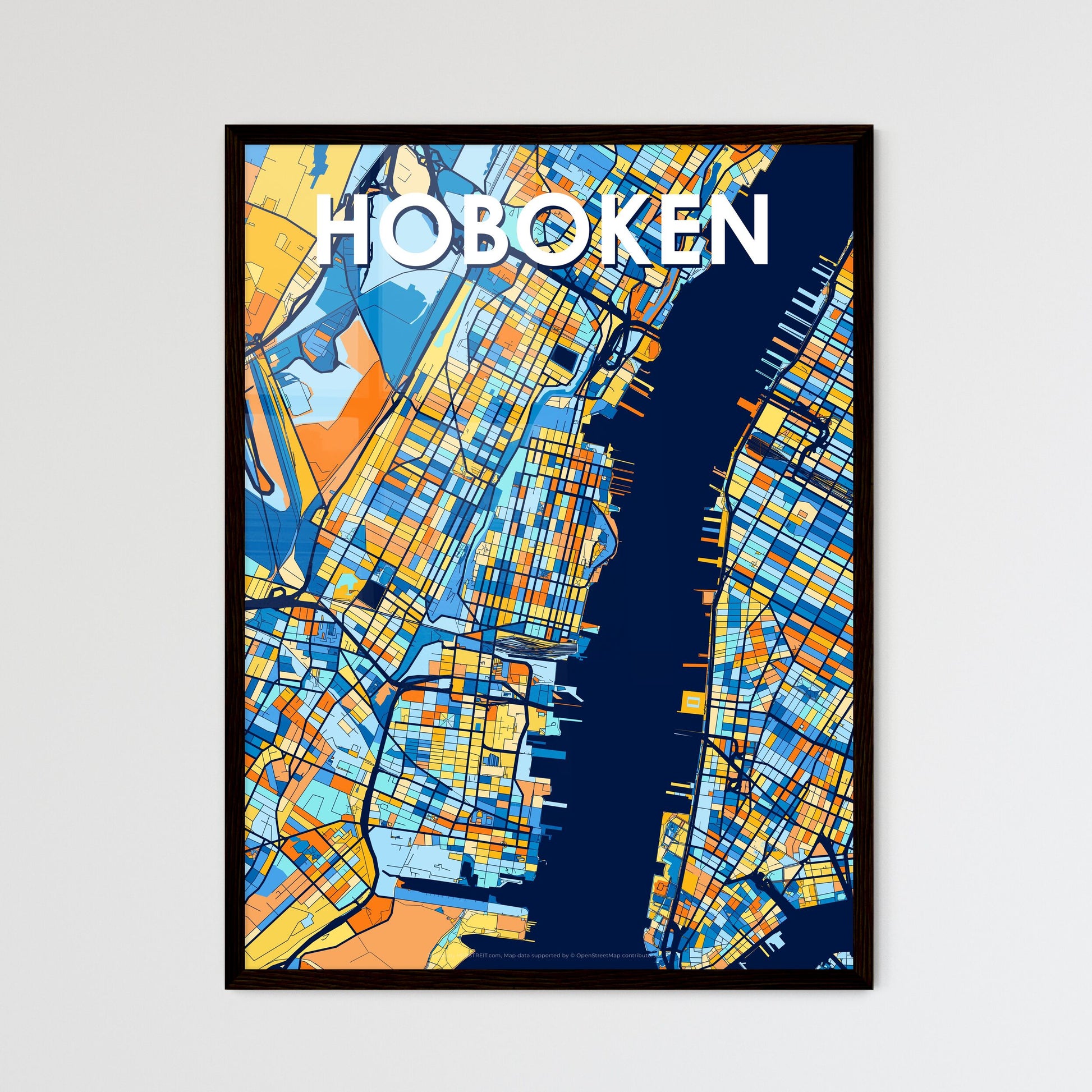 HOBOKEN NEW JERSEY Vibrant Colorful Art Map Poster Blue Orange