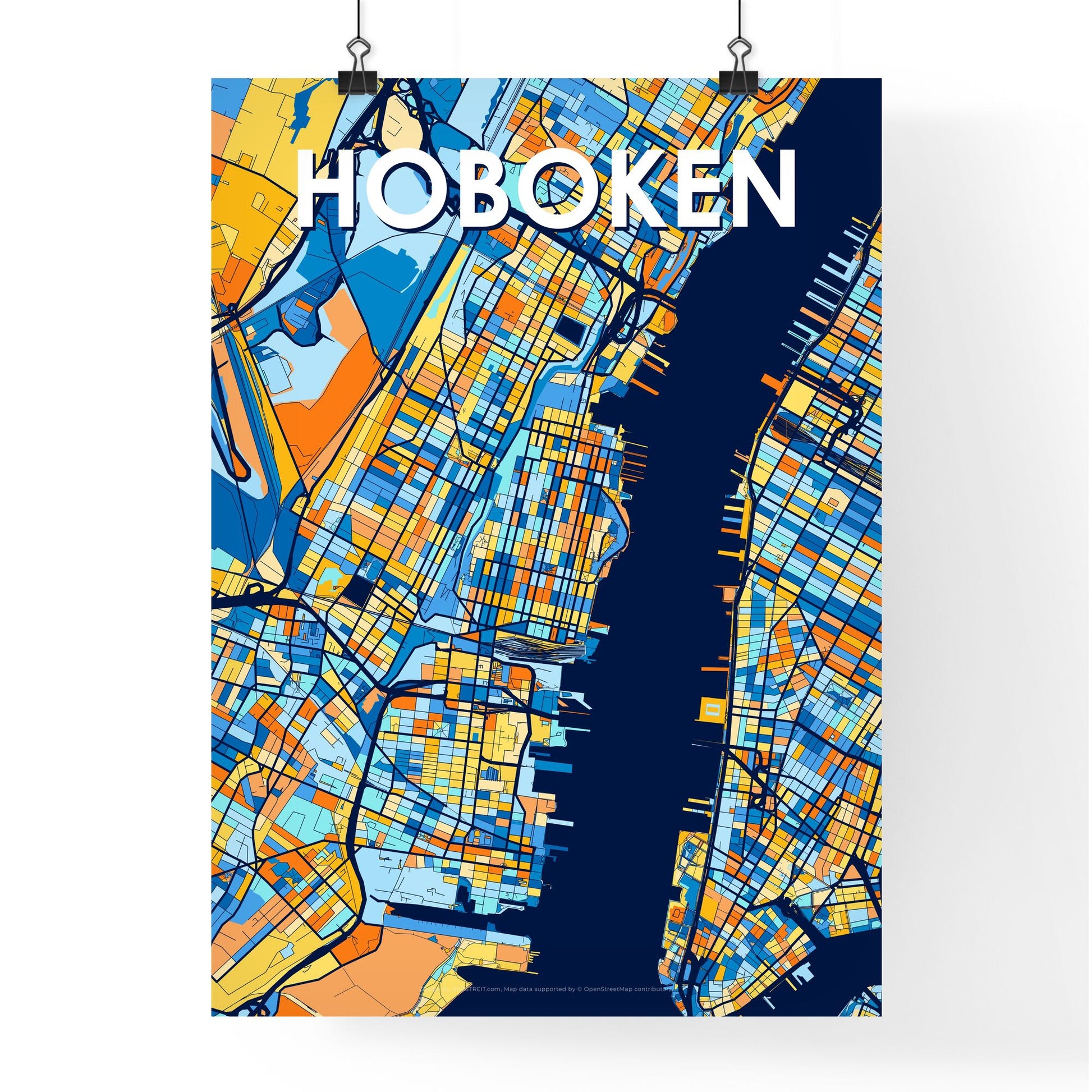 HOBOKEN NEW JERSEY Vibrant Colorful Art Map Poster Blue Orange