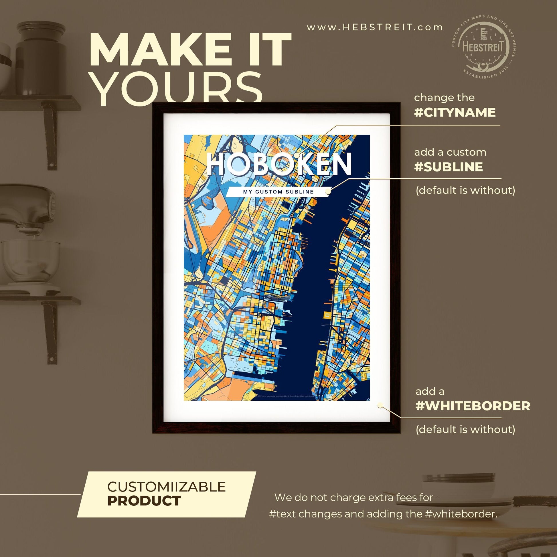 HOBOKEN NEW JERSEY Vibrant Colorful Art Map Poster Blue Orange