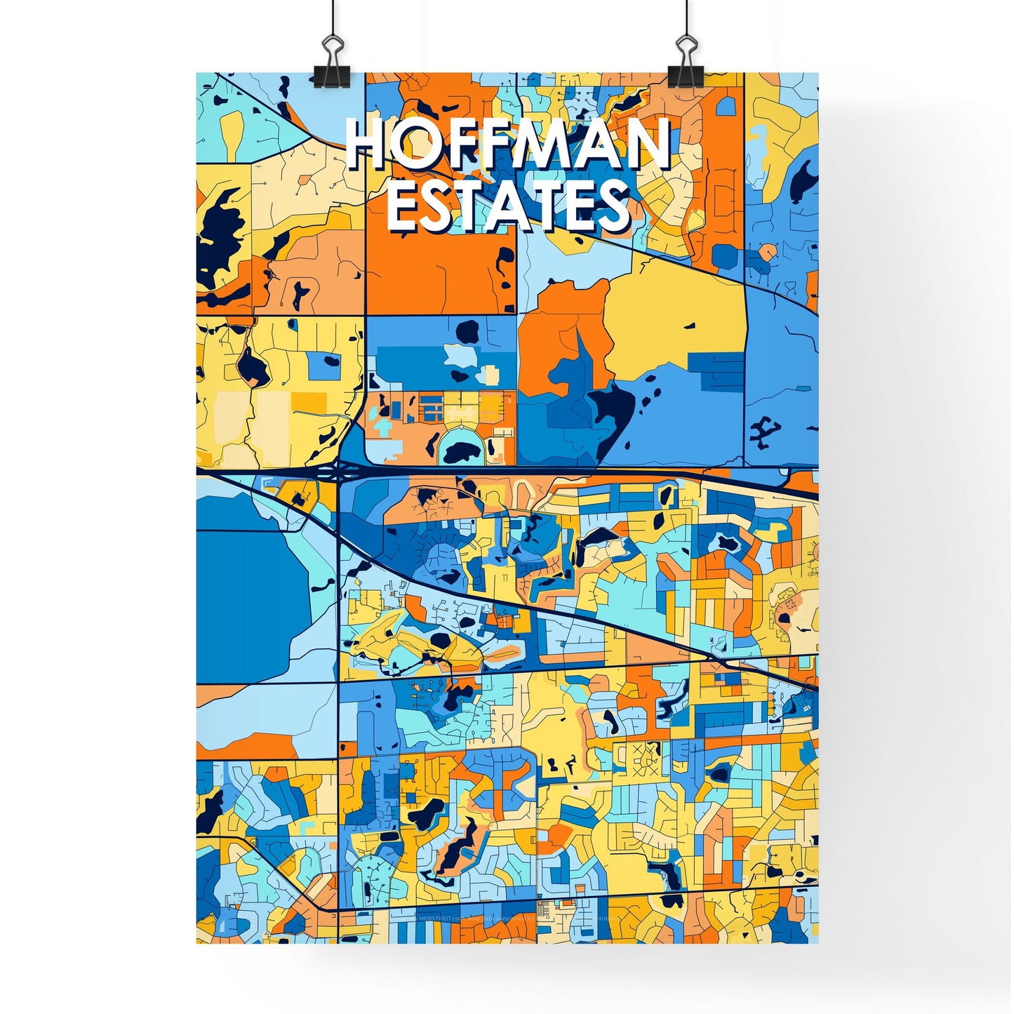 HOFFMAN ESTATES ILLINOIS Vibrant Colorful Art Map Poster Blue Orange