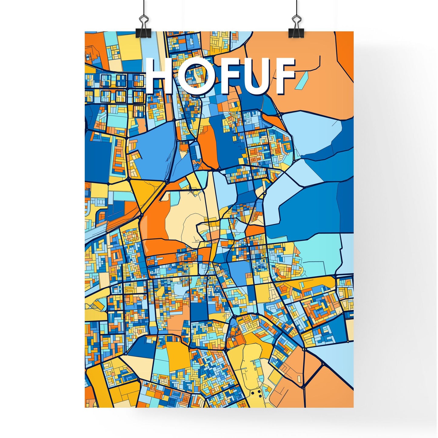 HOFUF SAUDI ARABIA Vibrant Colorful Art Map Poster Blue Orange