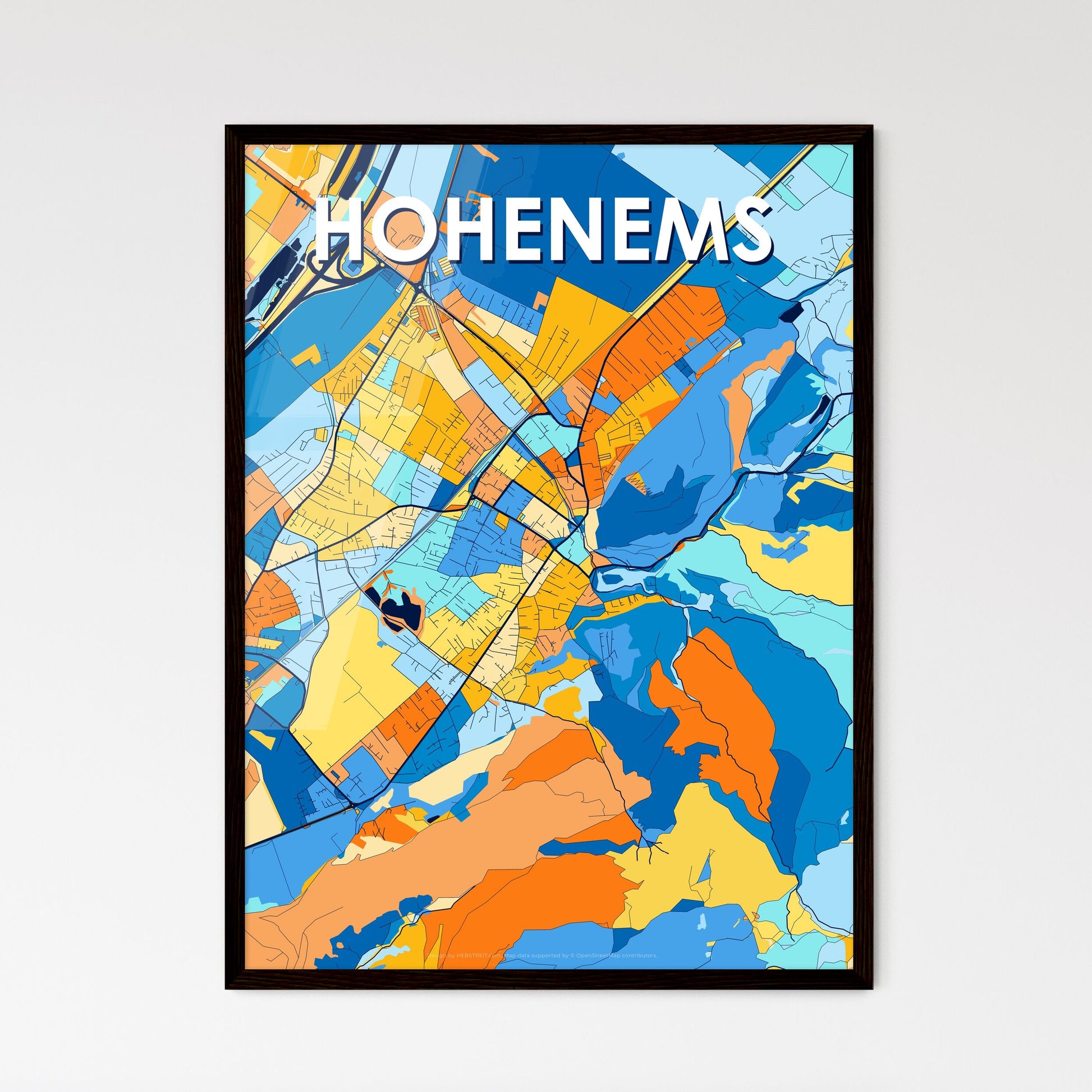 HOHENEMS AUSTRIA Vibrant Colorful Art Map Poster Blue Orange