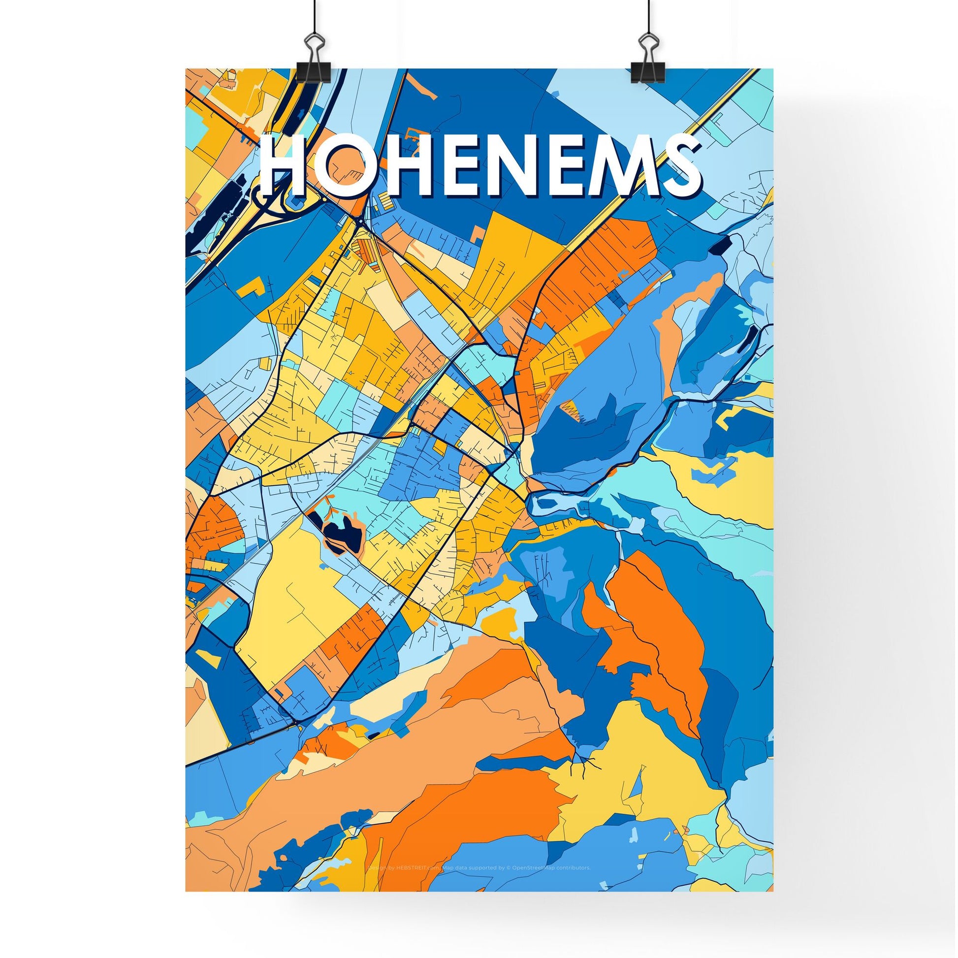 HOHENEMS AUSTRIA Vibrant Colorful Art Map Poster Blue Orange