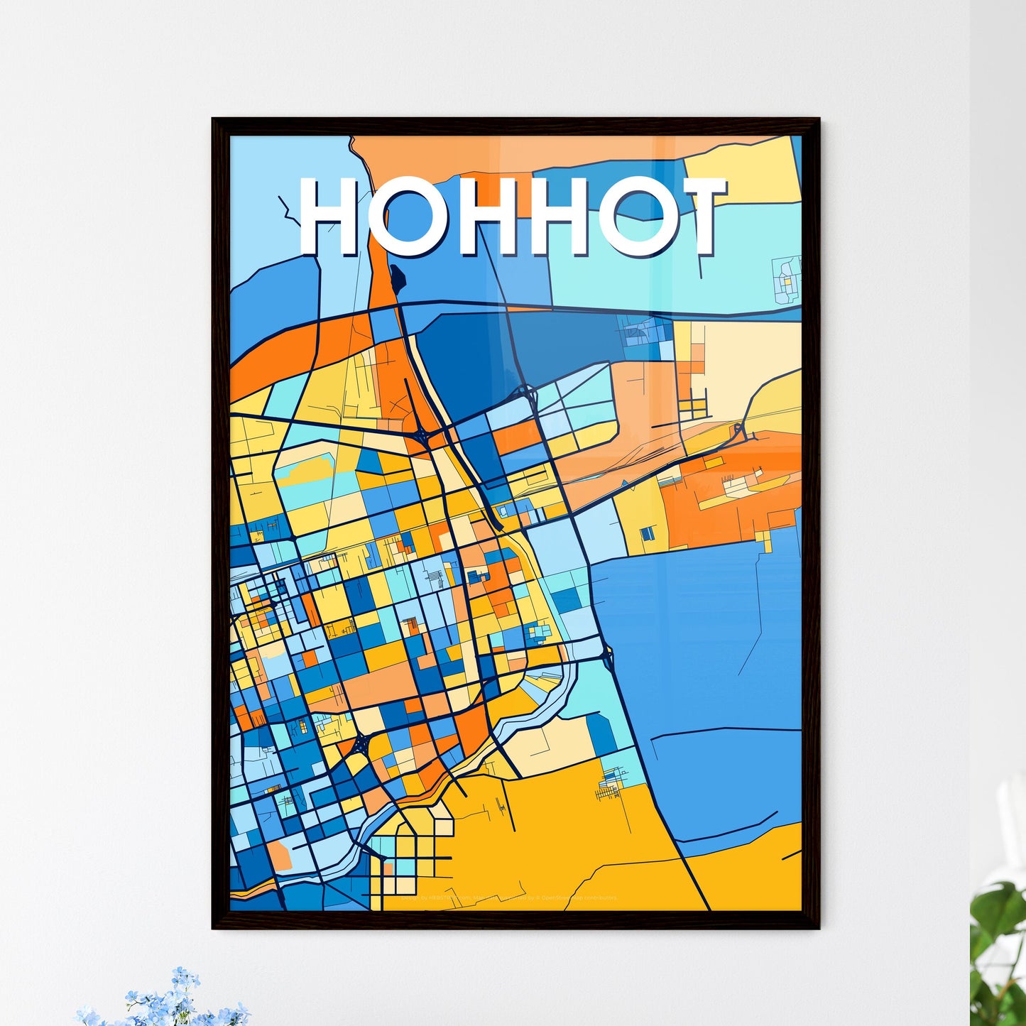 HOHHOT CHINA Vibrant Colorful Art Map Poster Blue Orange