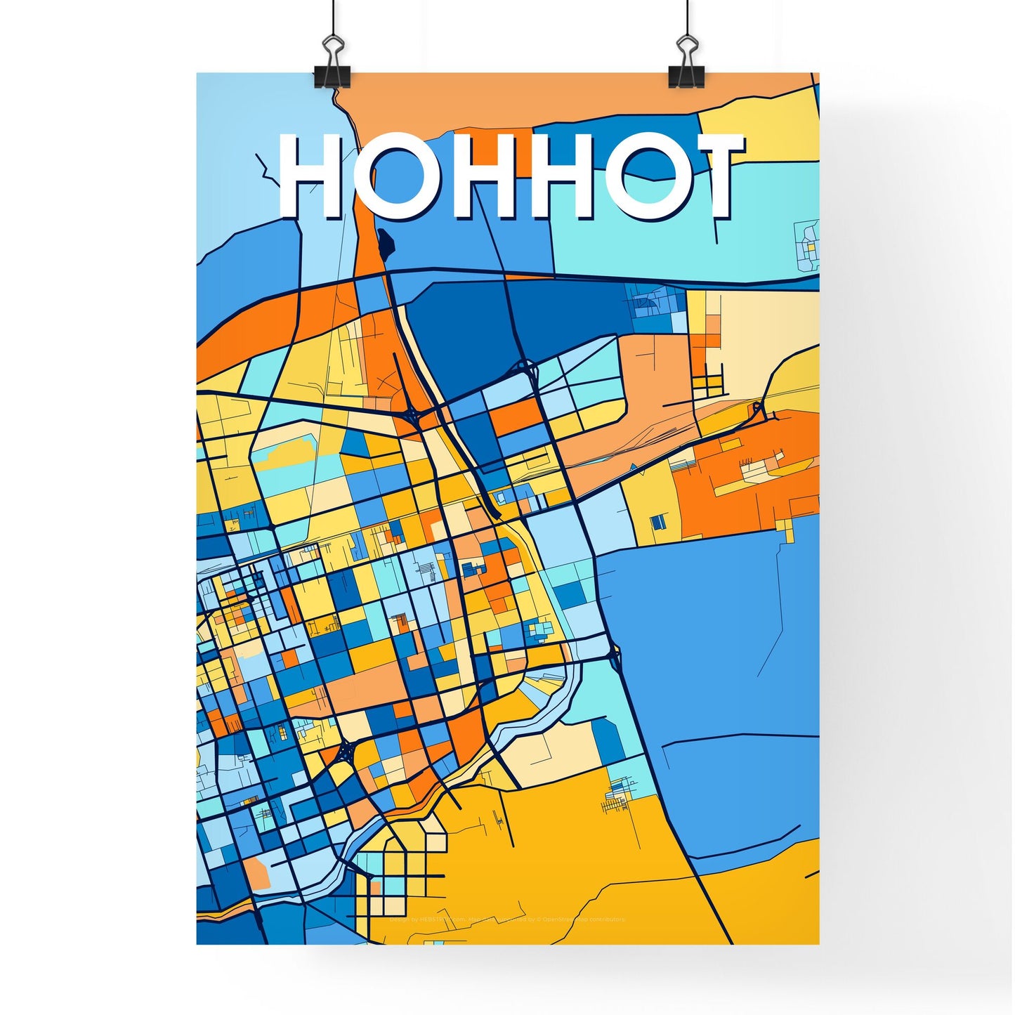 HOHHOT CHINA Vibrant Colorful Art Map Poster Blue Orange