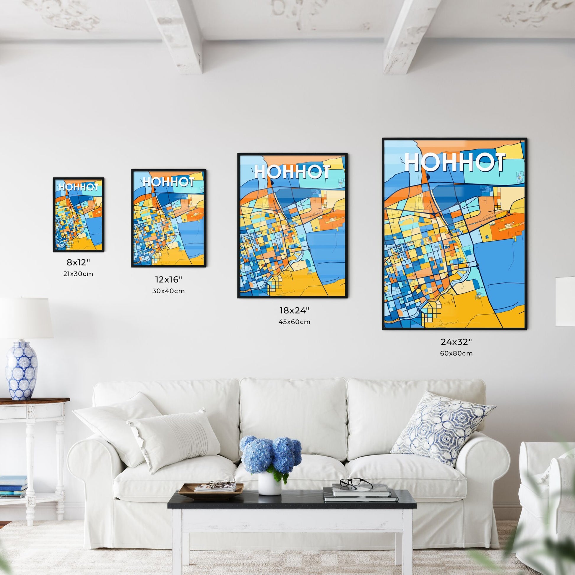 HOHHOT CHINA Vibrant Colorful Art Map Poster Blue Orange