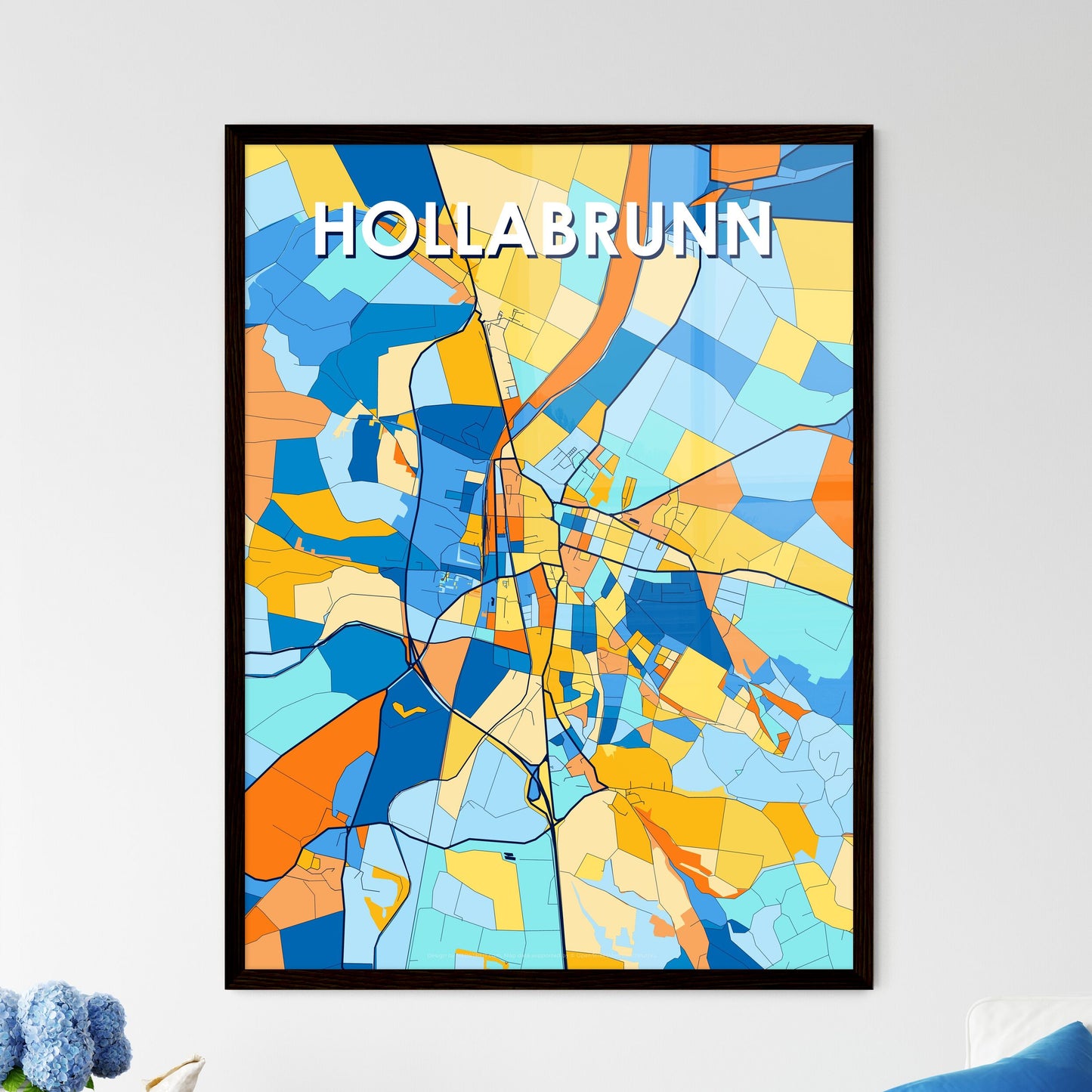 HOLLABRUNN AUSTRIA Vibrant Colorful Art Map Poster Blue Orange