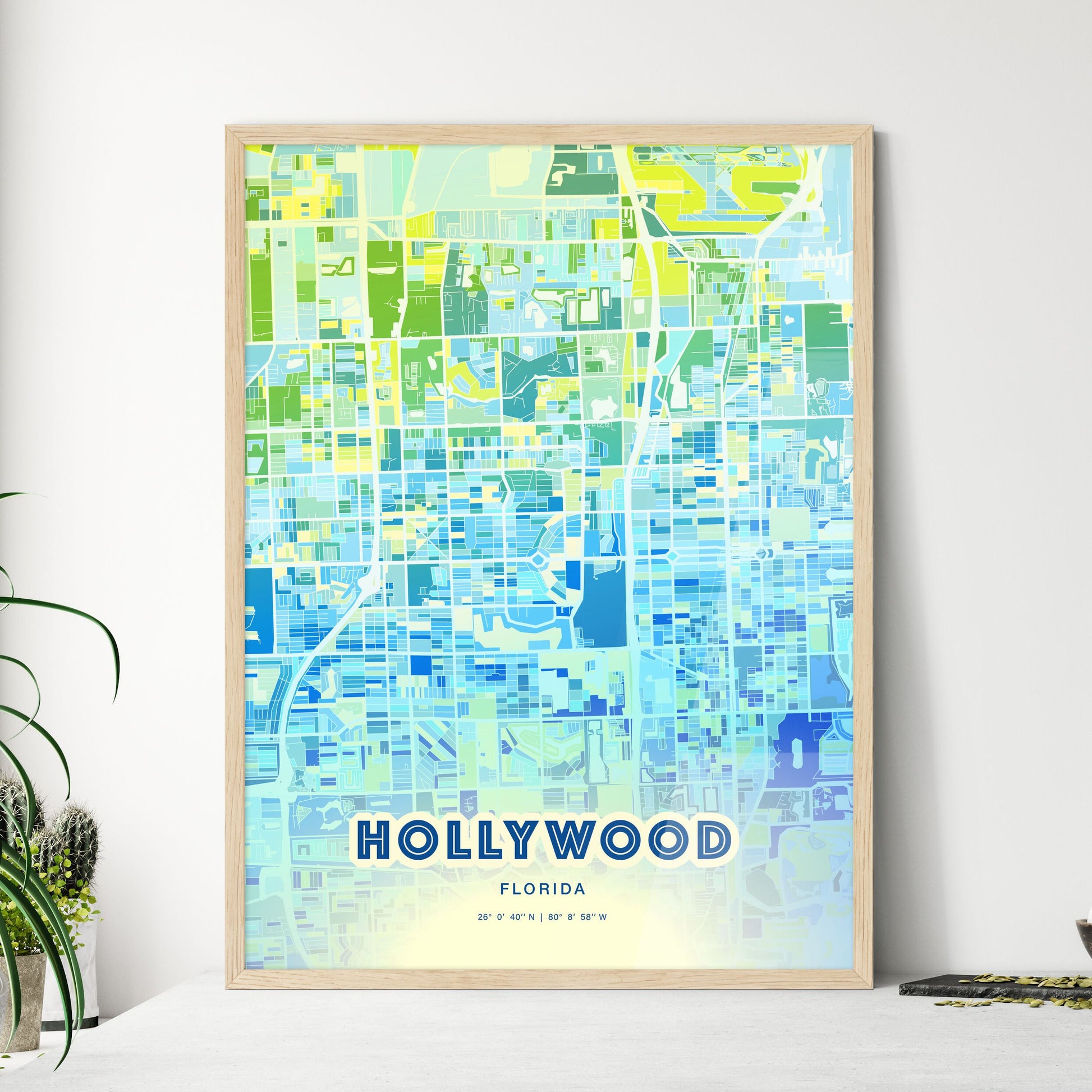 Colorful Hollywood Florida Fine Art Map Cool Blue