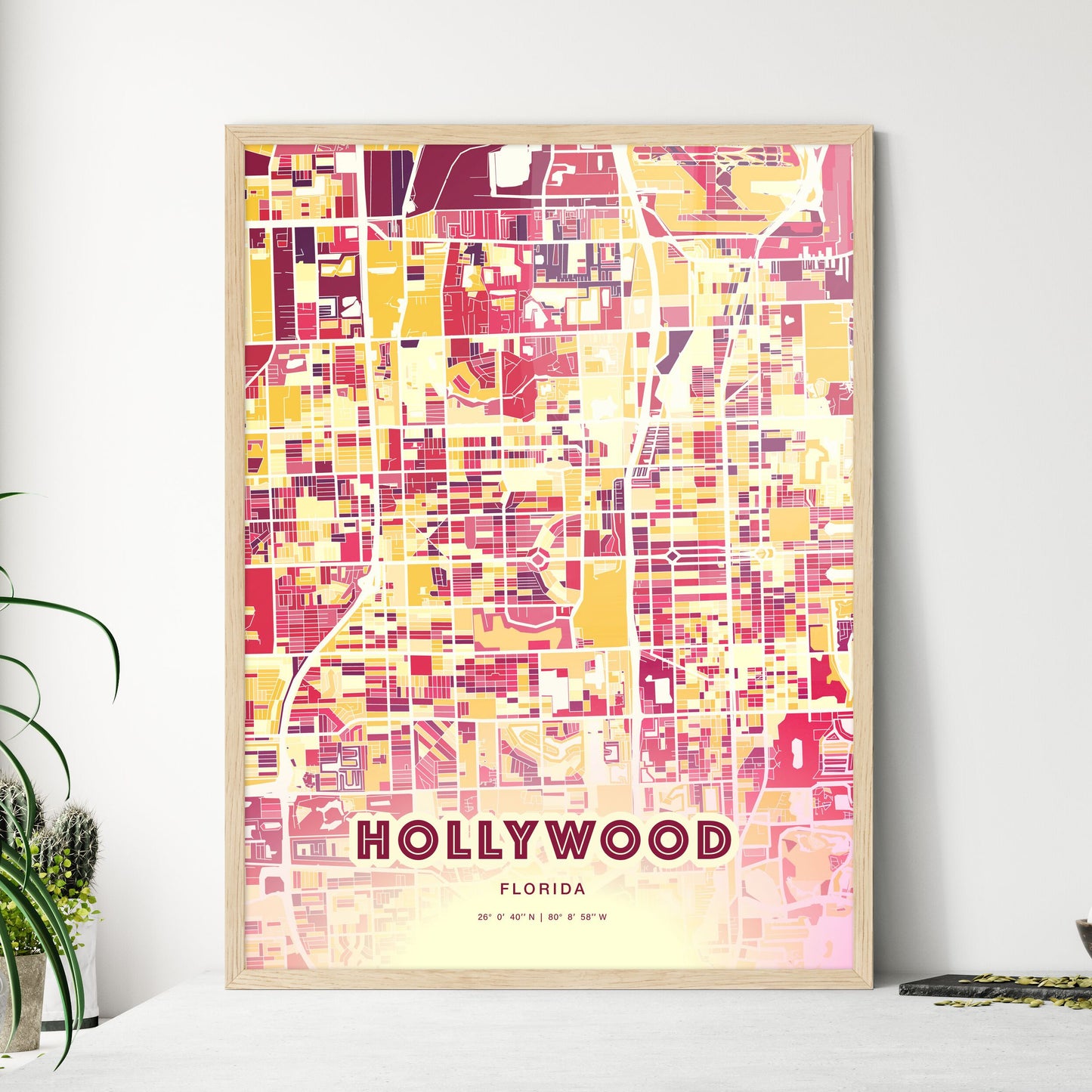 Colorful Hollywood Florida Fine Art Map Hot Red