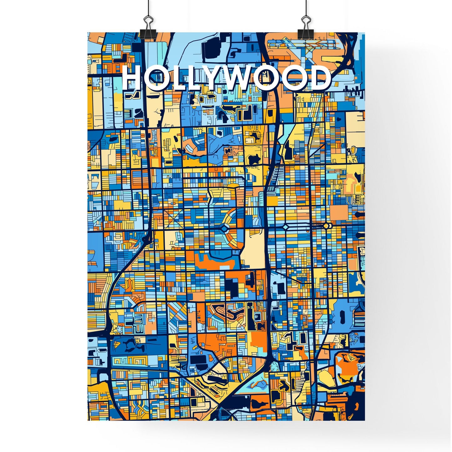 HOLLYWOOD FLORIDA Vibrant Colorful Art Map Poster Blue Orange