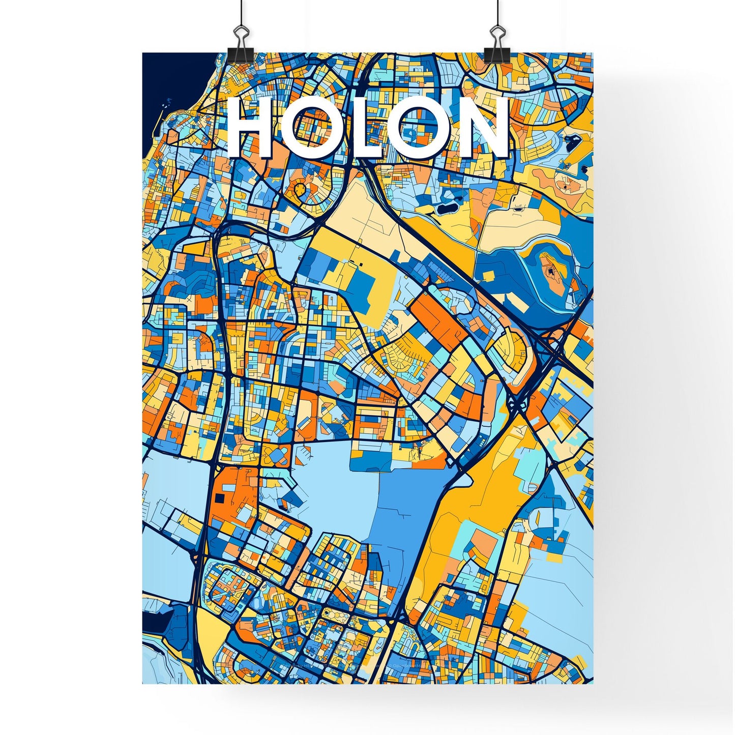 HOLON ISRAEL Vibrant Colorful Art Map Poster Blue Orange