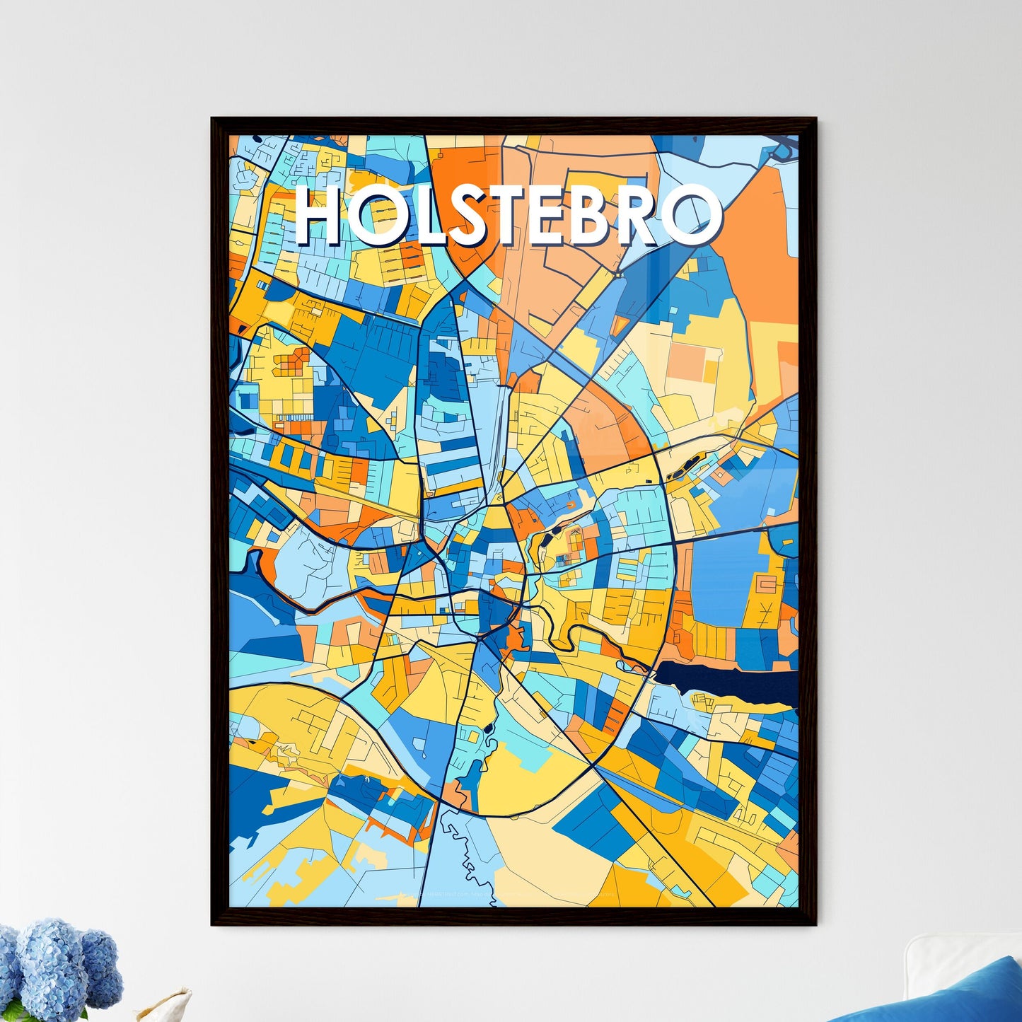 HOLSTEBRO DENMARK Vibrant Colorful Art Map Poster Blue Orange