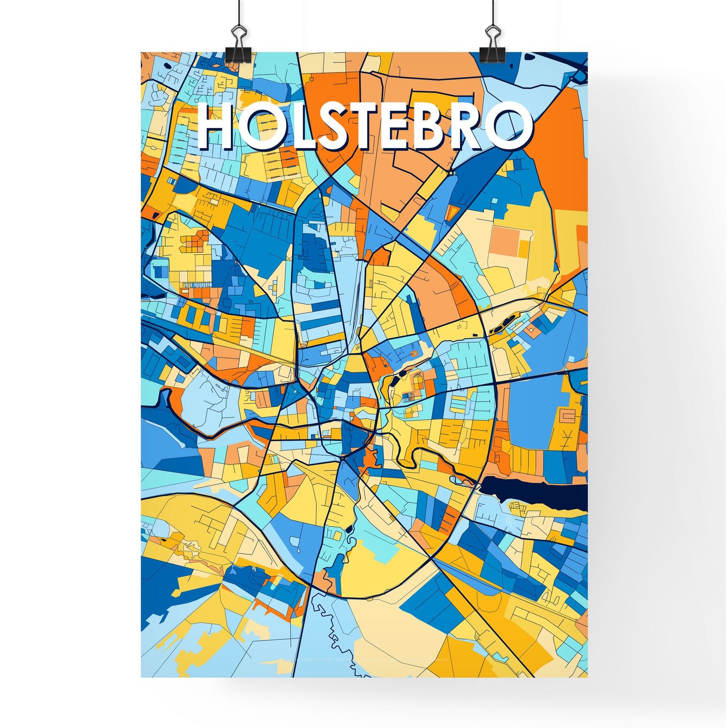 HOLSTEBRO DENMARK Vibrant Colorful Art Map Poster Blue Orange