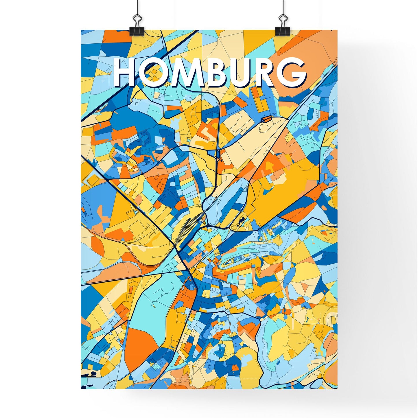 HOMBURG GERMANY Vibrant Colorful Art Map Poster Blue Orange