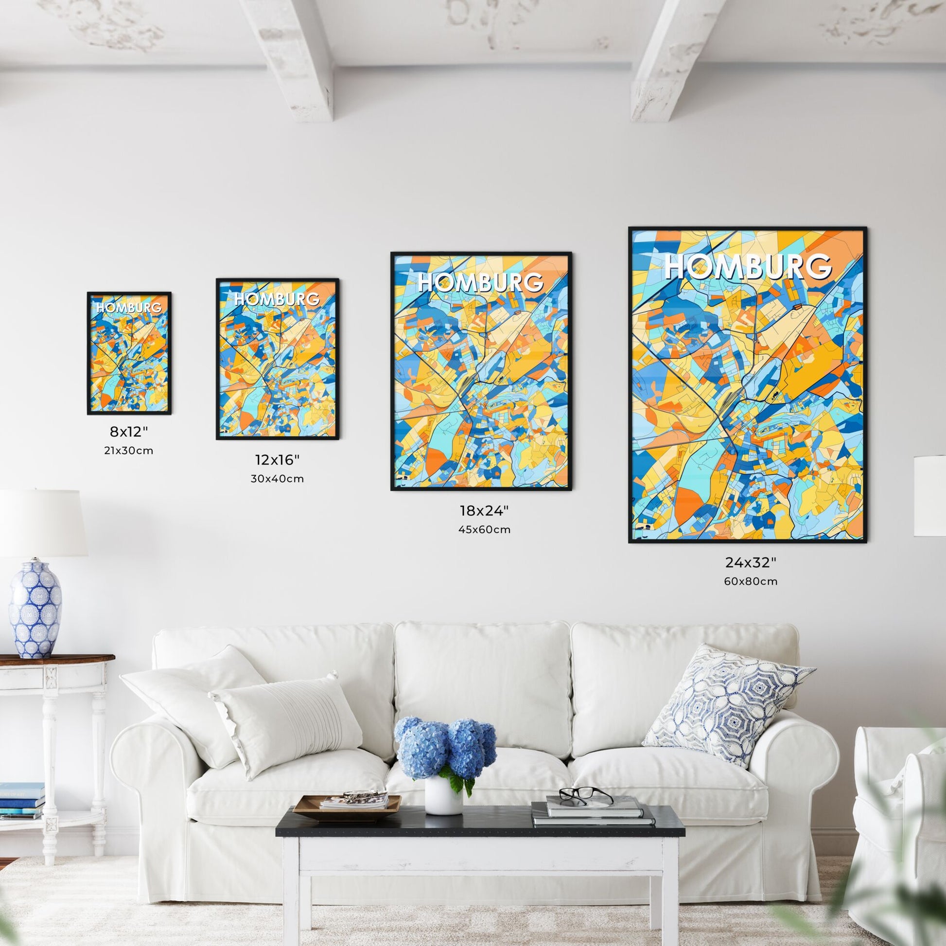 HOMBURG GERMANY Vibrant Colorful Art Map Poster Blue Orange