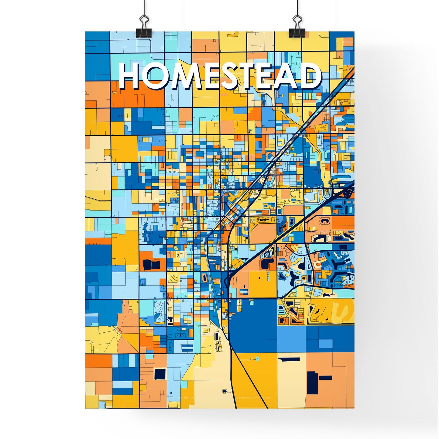 HOMESTEAD FLORIDA Vibrant Colorful Art Map Poster Blue Orange