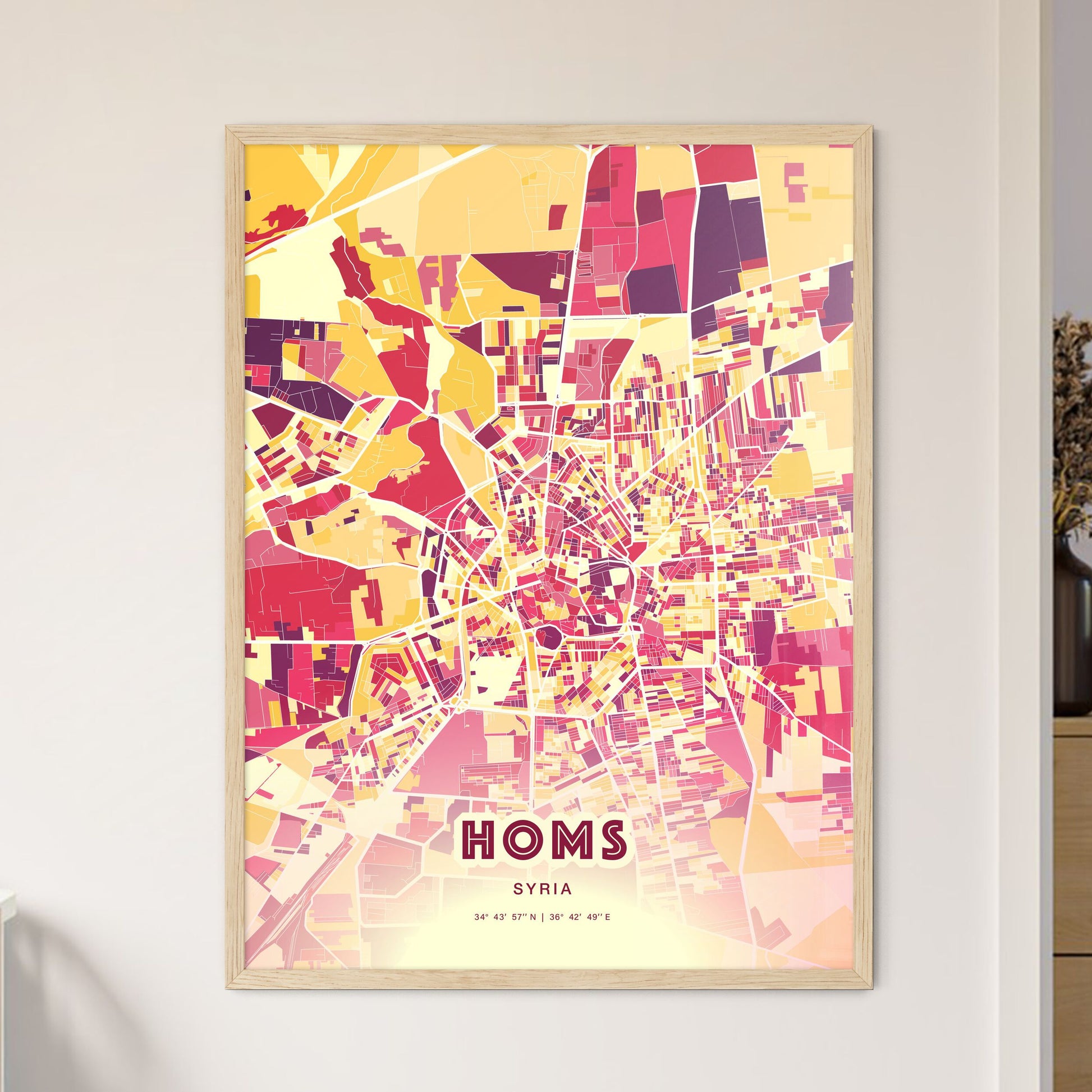 Colorful Homs Syria Fine Art Map Hot Red