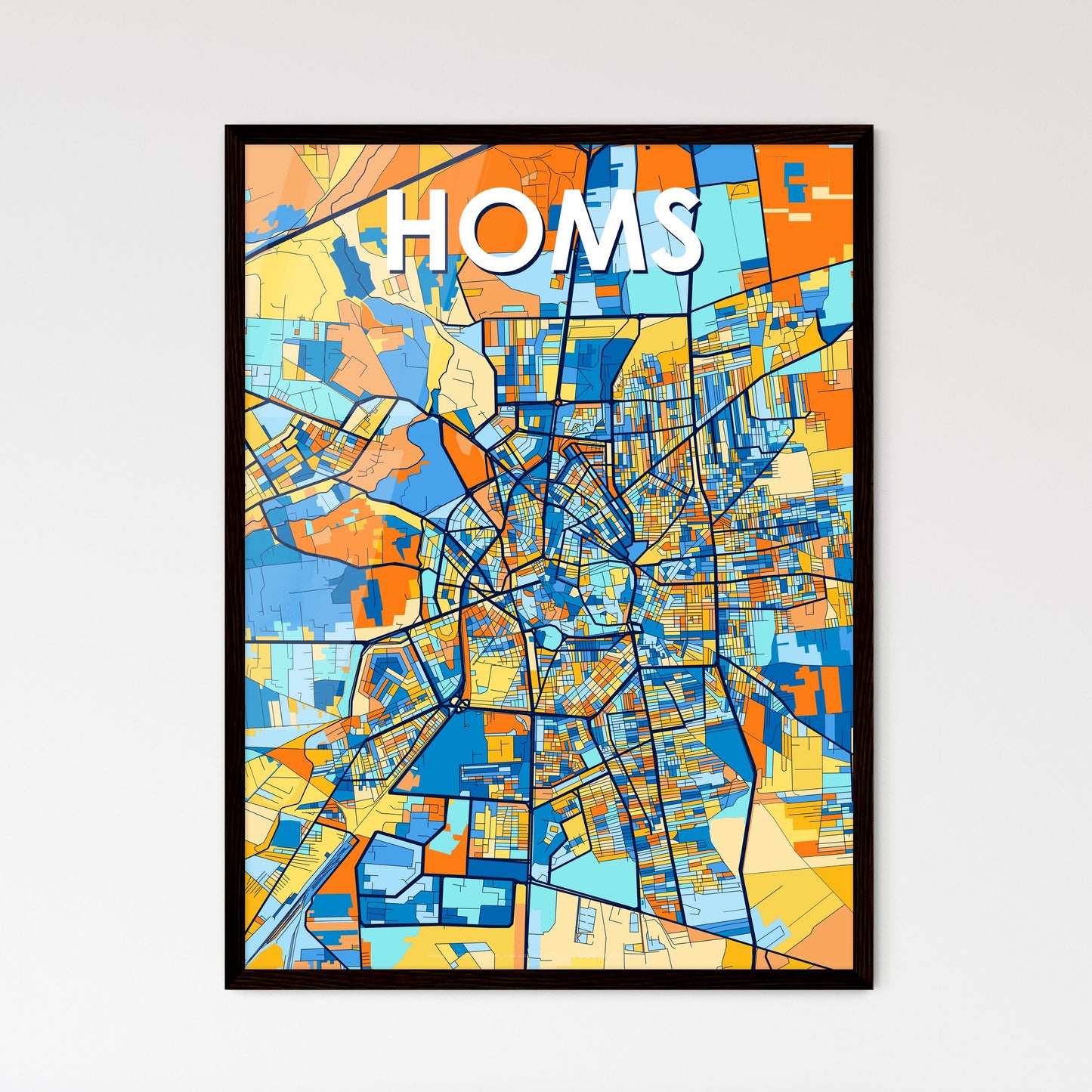 HOMS SYRIA Vibrant Colorful Art Map Poster Blue Orange