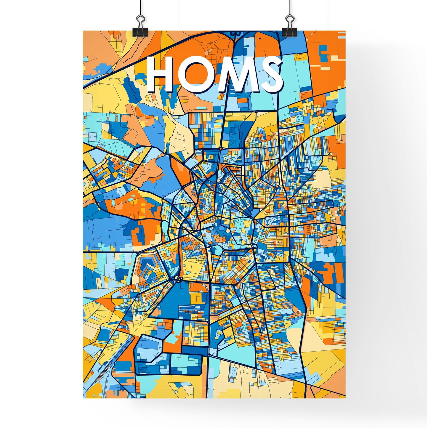 HOMS SYRIA Vibrant Colorful Art Map Poster Blue Orange