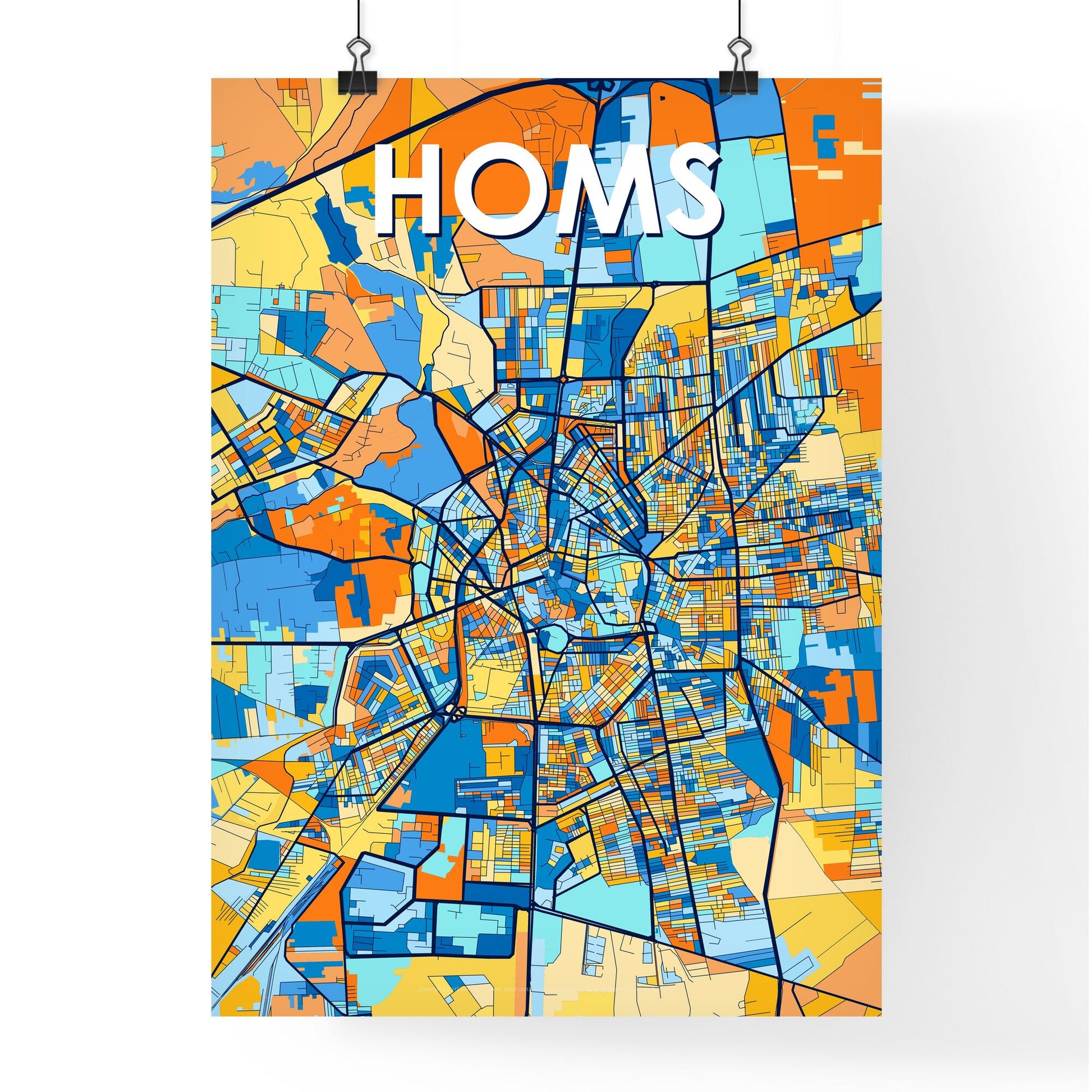 HOMS SYRIA Vibrant Colorful Art Map Poster Blue Orange