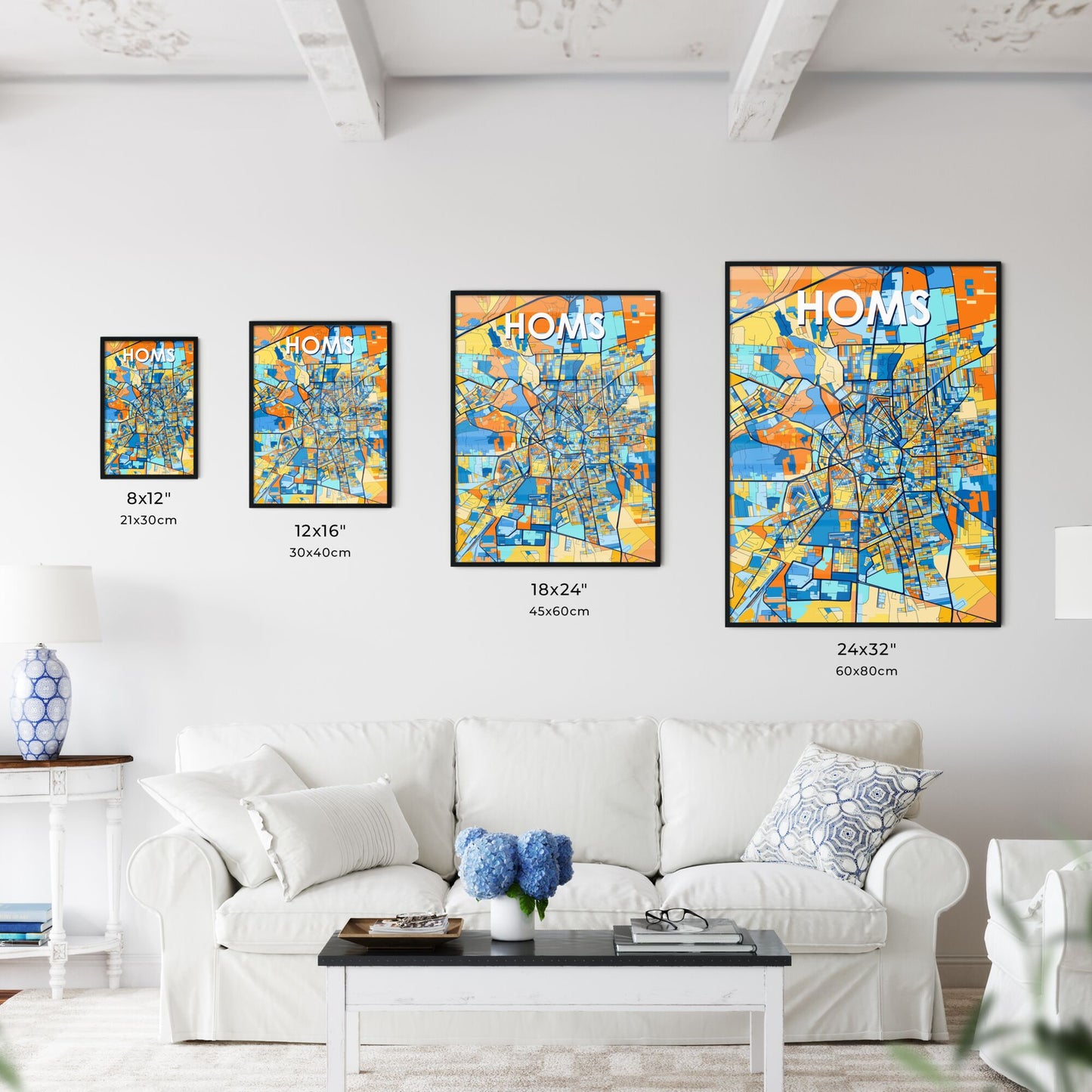 HOMS SYRIA Vibrant Colorful Art Map Poster Blue Orange