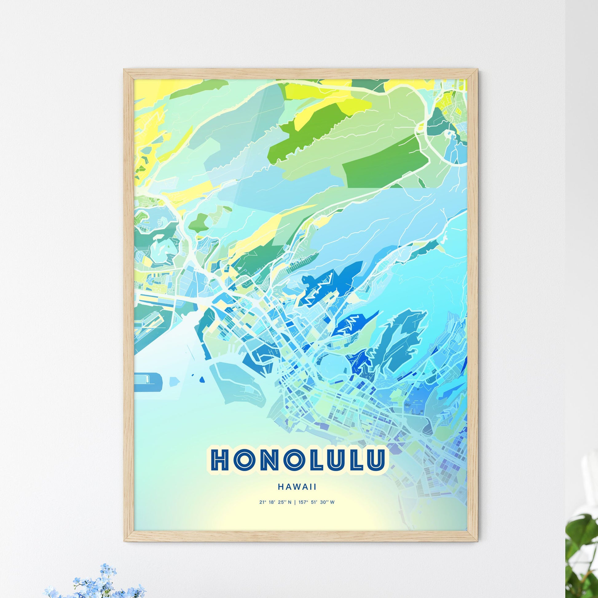 Colorful Honolulu Hawaii Fine Art Map Cool Blue