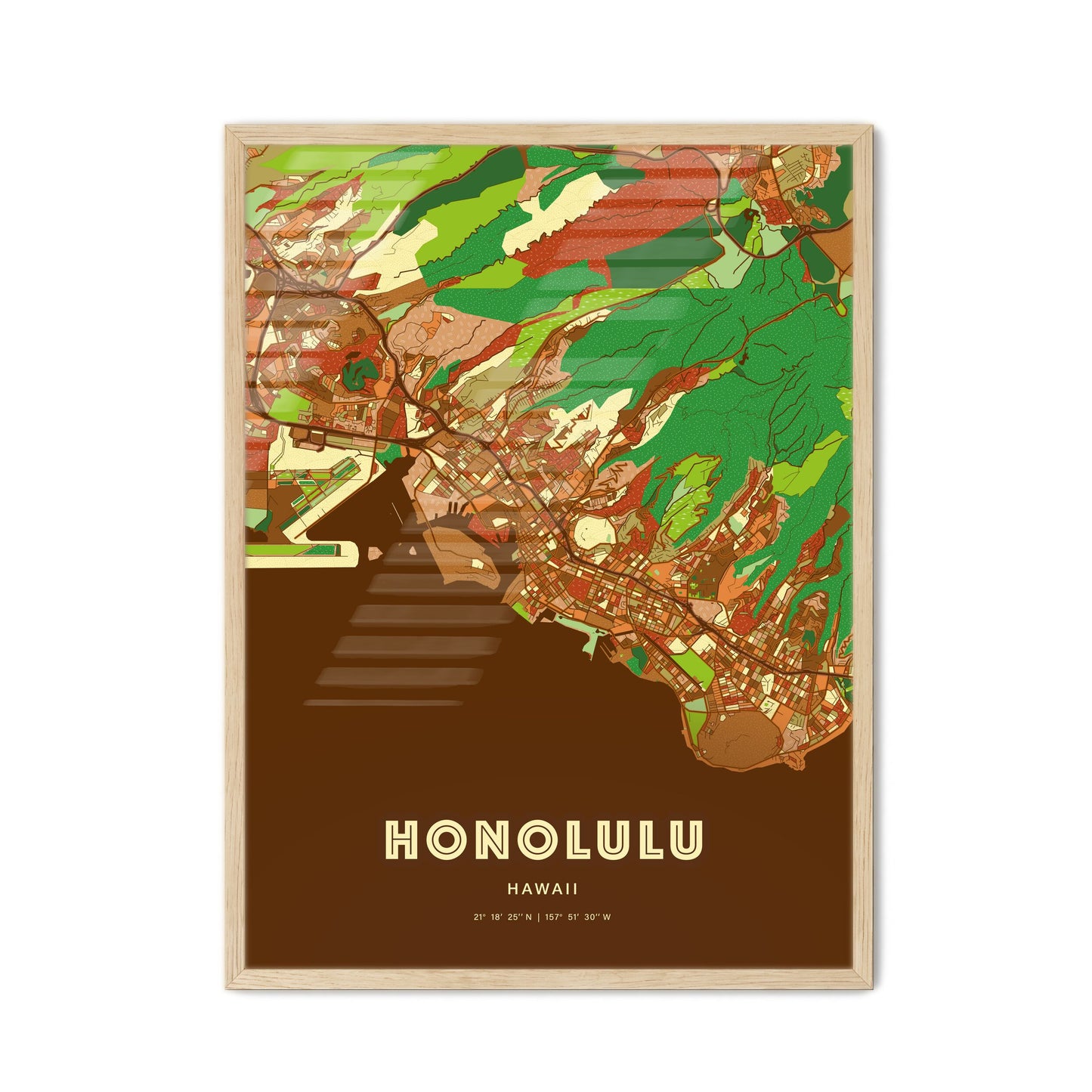 Colorful Honolulu Hawaii Fine Art Map Farmhouse