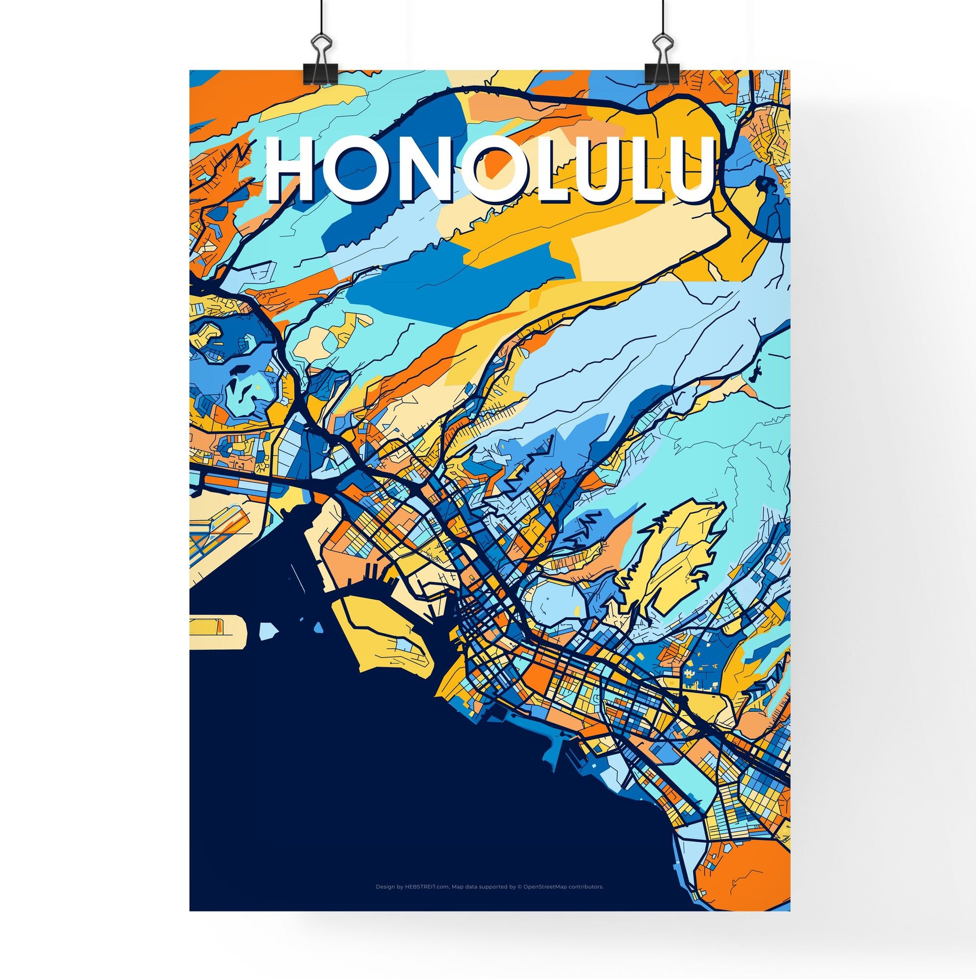 HONOLULU HAWAII Vibrant Colorful Art Map Poster Blue Orange