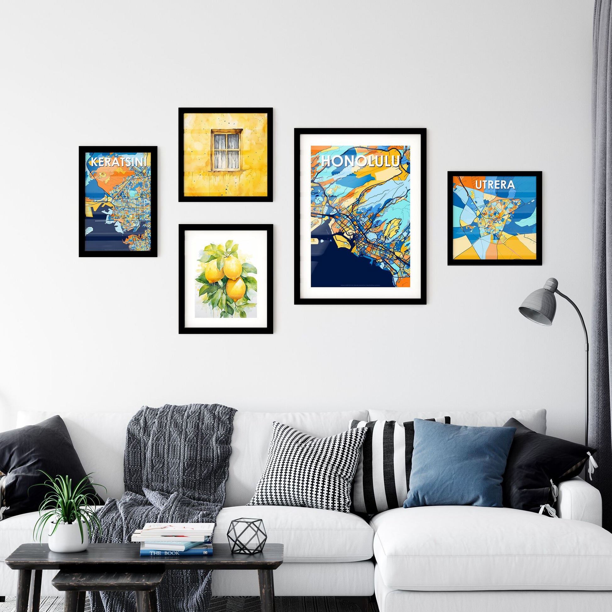 HONOLULU HAWAII Vibrant Colorful Art Map Poster Blue Orange