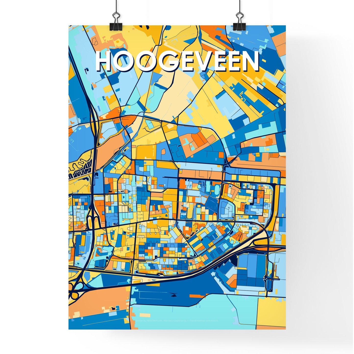 HOOGEVEEN NETHERLANDS Vibrant Colorful Art Map Poster Blue Orange