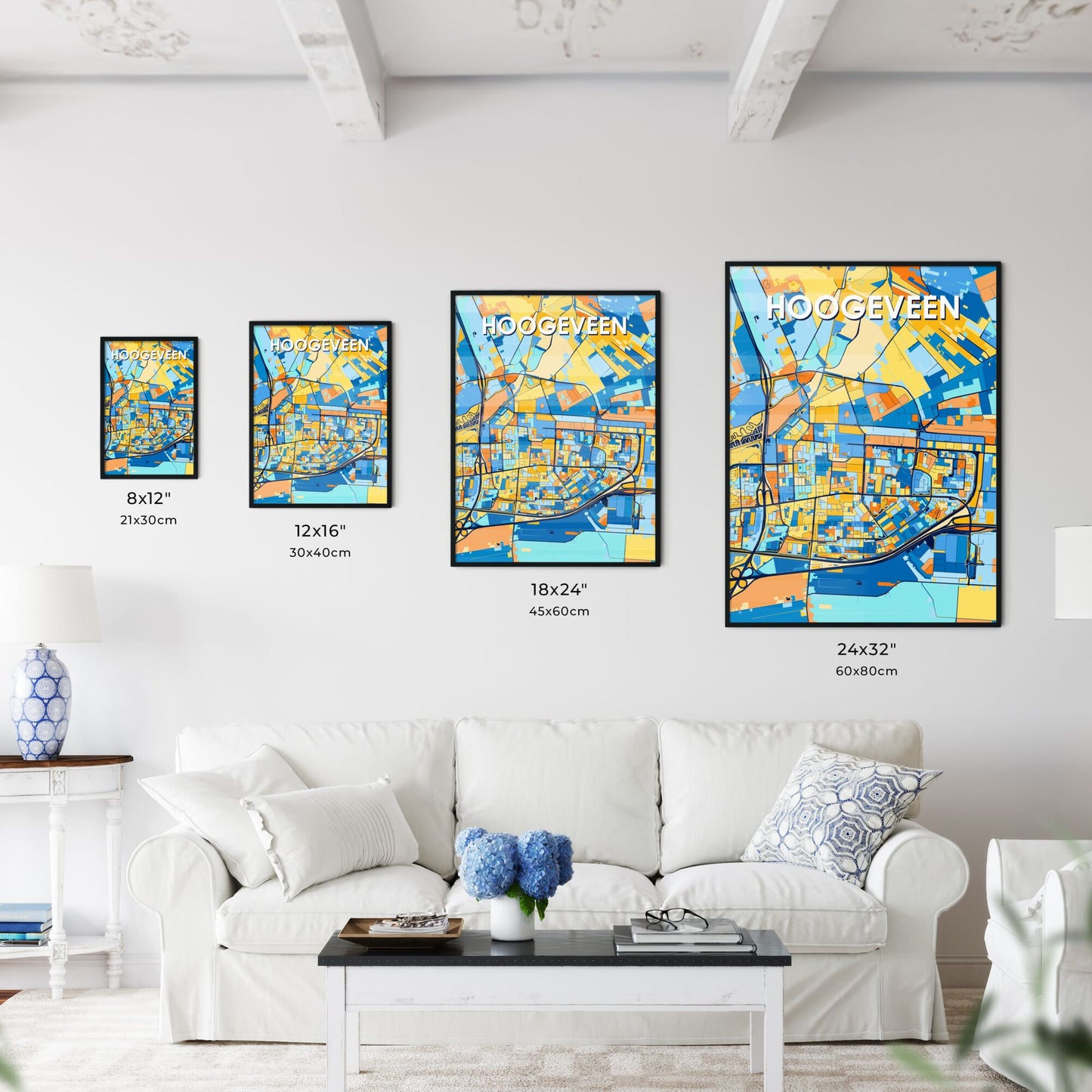 HOOGEVEEN NETHERLANDS Vibrant Colorful Art Map Poster Blue Orange