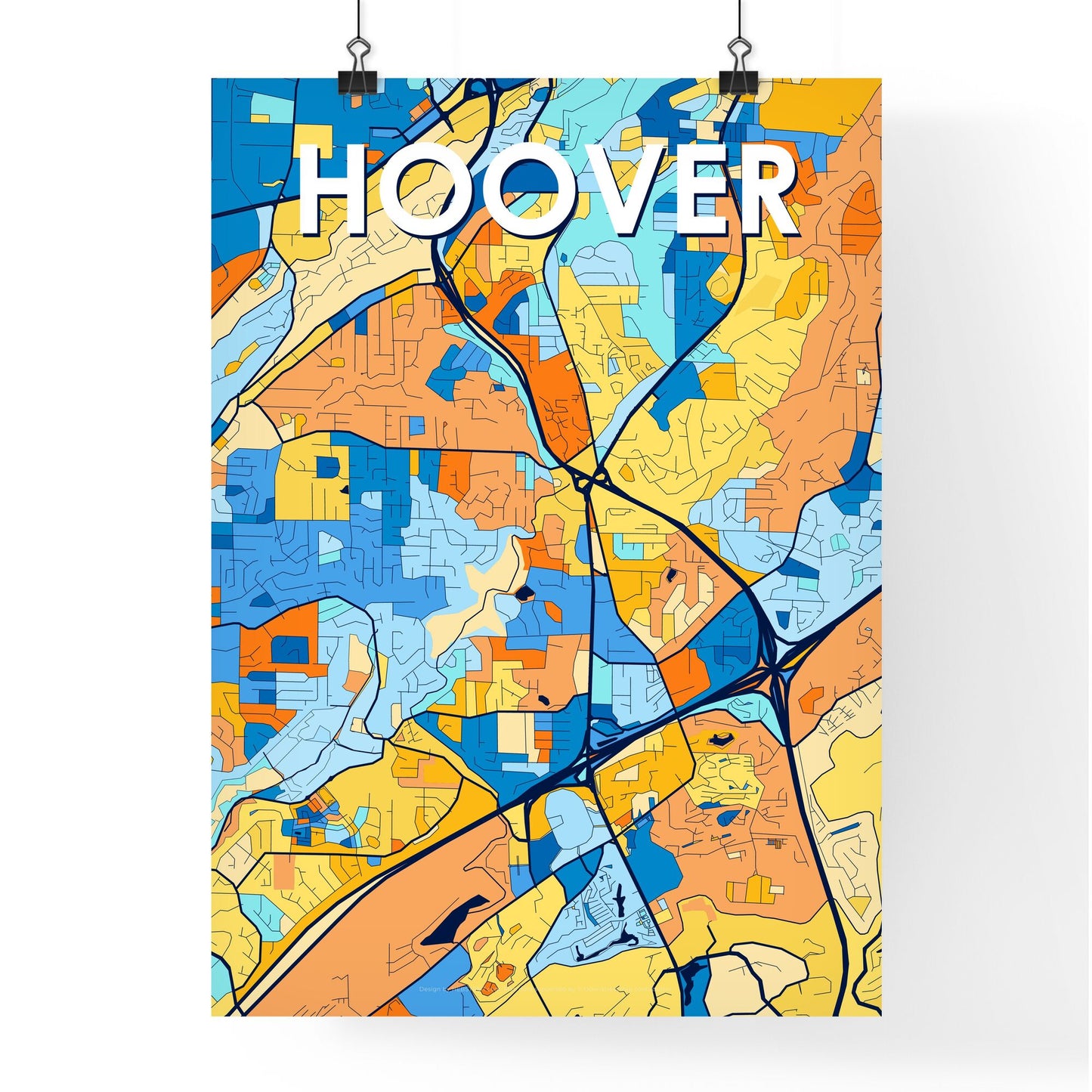 HOOVER ALABAMA Vibrant Colorful Art Map Poster Blue Orange