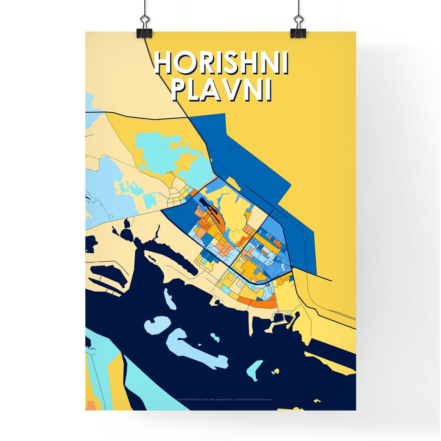 HORISHNI PLAVNI UKRAINE Vibrant Colorful Art Map Poster Blue Orange