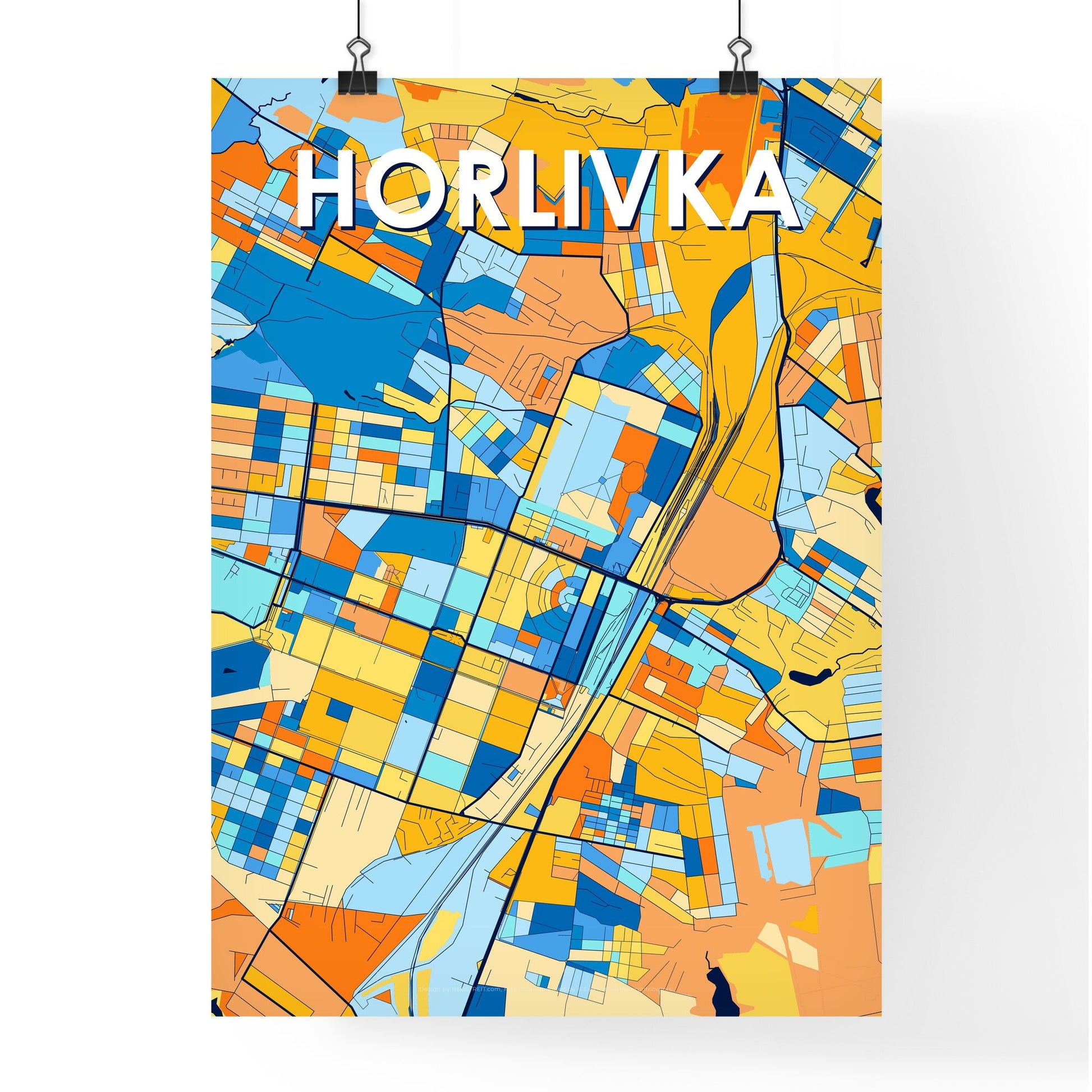 HORLIVKA UKRAINE Vibrant Colorful Art Map Poster Blue Orange