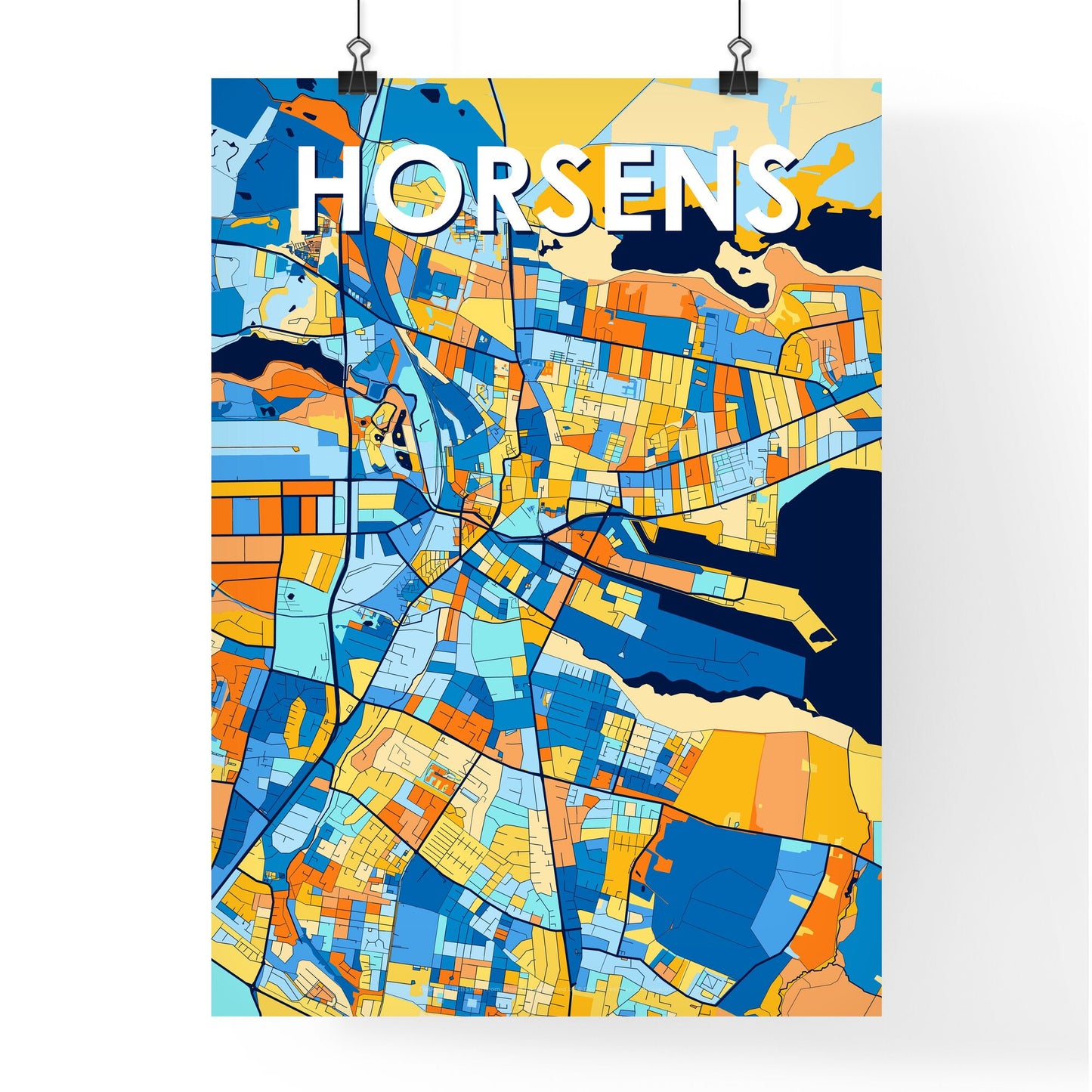 HORSENS DENMARK Vibrant Colorful Art Map Poster Blue Orange