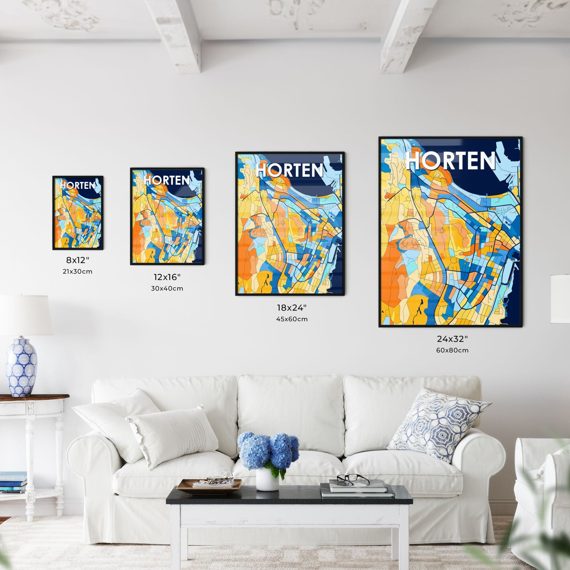 HORTEN NORWAY Vibrant Colorful Art Map Poster Blue Orange