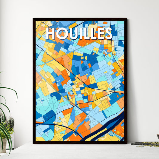 HOUILLES FRANCE Vibrant Colorful Art Map Poster Blue Orange