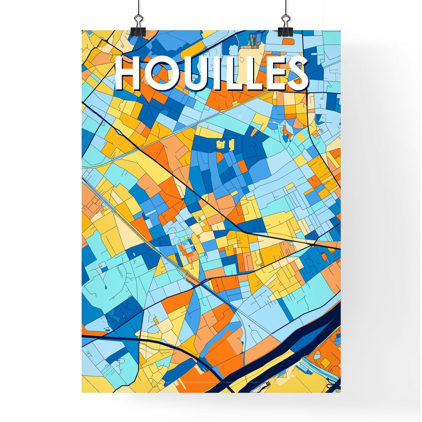 HOUILLES FRANCE Vibrant Colorful Art Map Poster Blue Orange