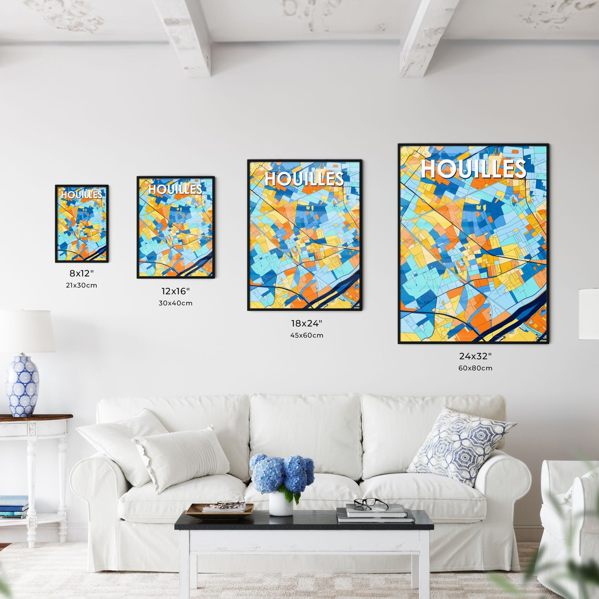 HOUILLES FRANCE Vibrant Colorful Art Map Poster Blue Orange