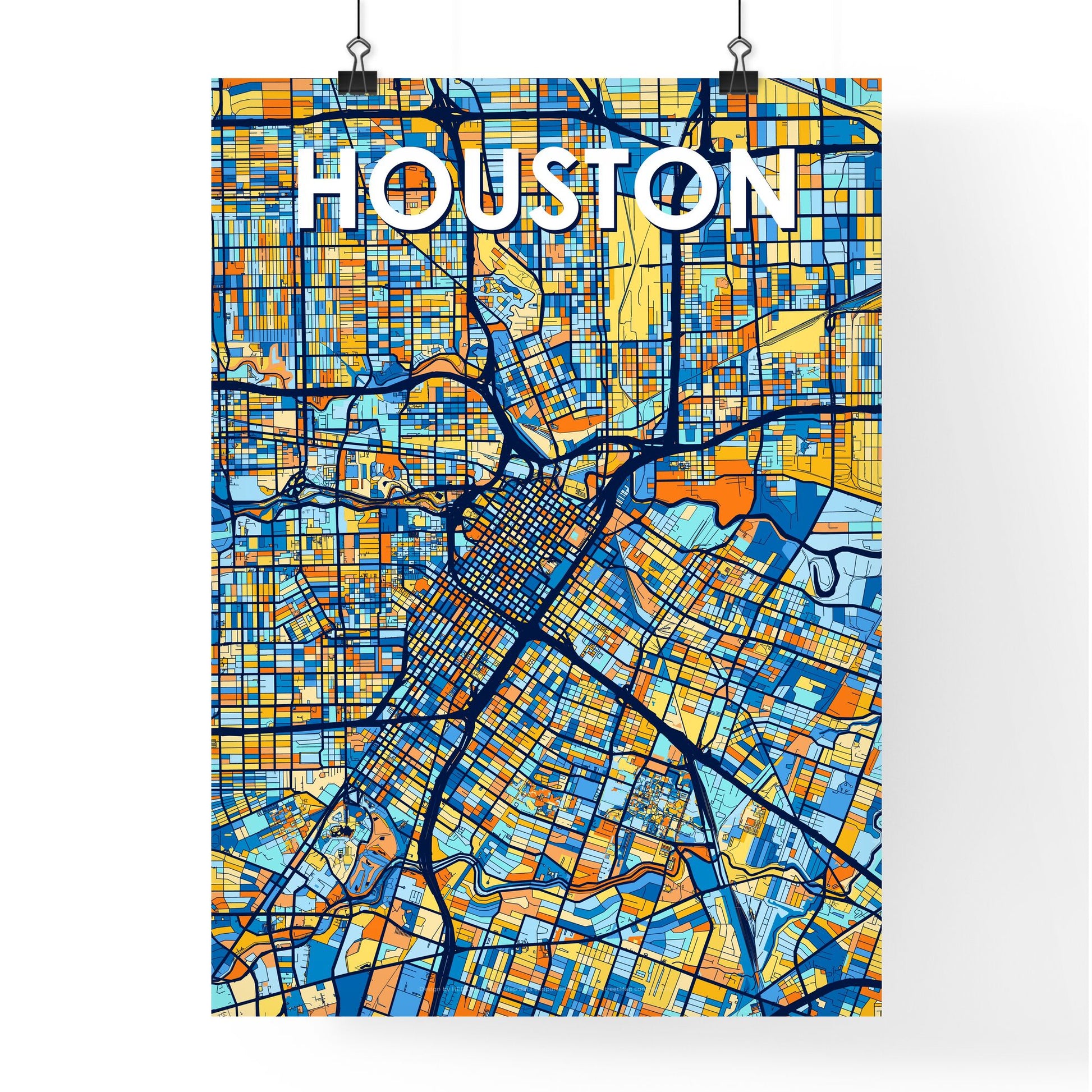 HOUSTON TEXAS Vibrant Colorful Art Map Poster Blue Orange