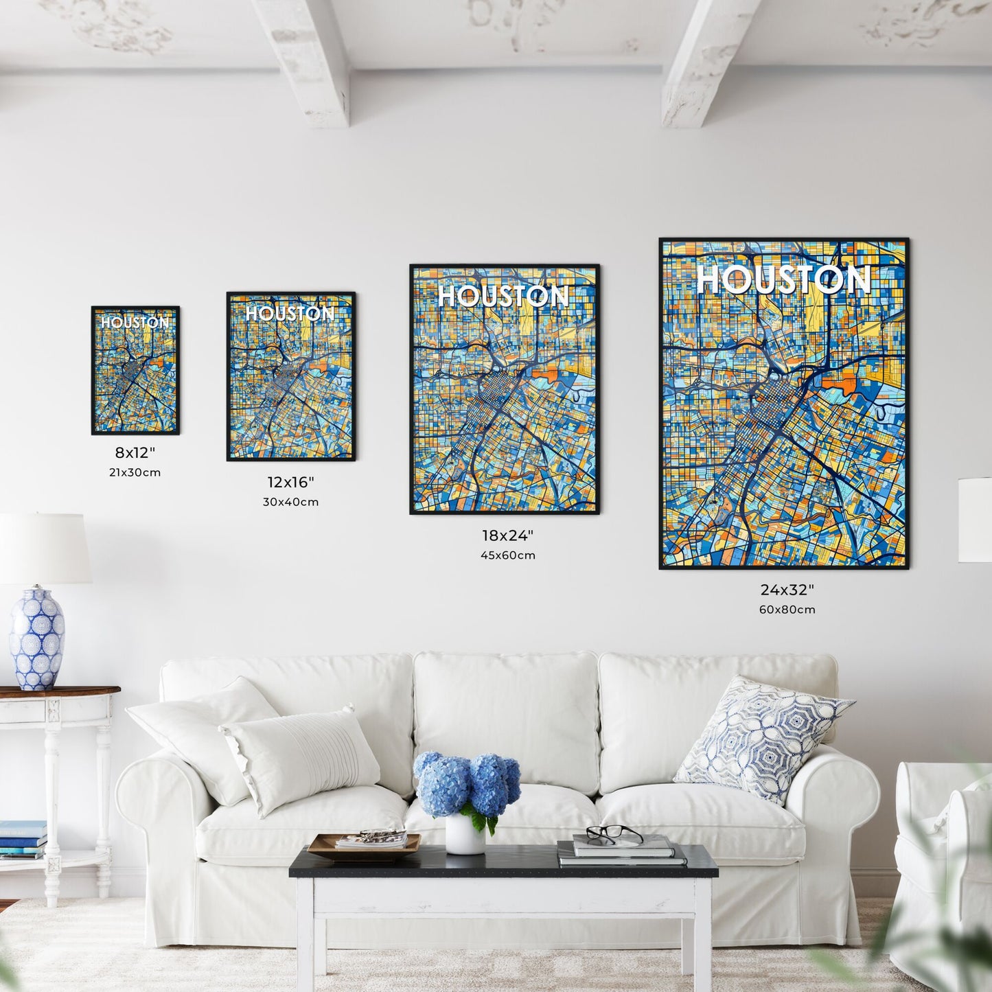 HOUSTON TEXAS Vibrant Colorful Art Map Poster Blue Orange